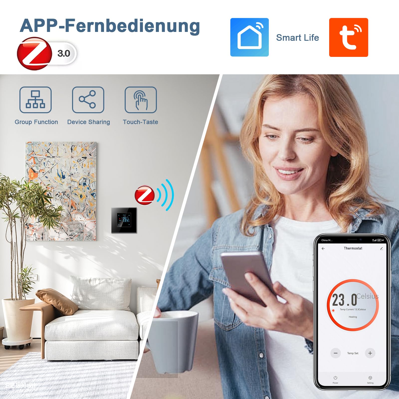 CNBINGO Zigbee - Termostato intelligente 2,4 G Wi-Fi da incasso con vetro di cristallo, termostato per ambiente digitale, compatibile con Alexa/Google Home/Smart Life/Tuya APP, colore: Nero