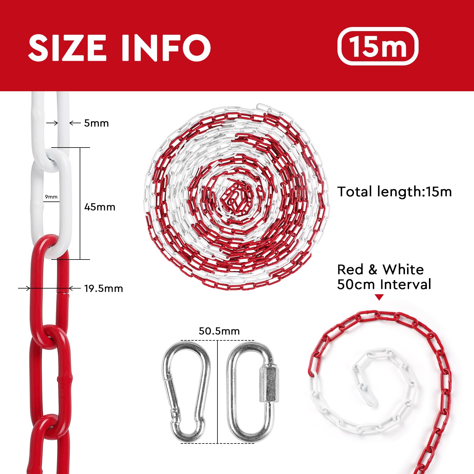 SWAWIS Cadena de Señalización Rojo y Blanco 15m 5mm Acero Galvanizado con Mosquetones