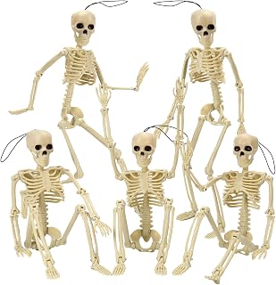 5 Pack Skeleton Halloween Decoration Outdoor 16" Full Body Posable Joints Skeletons Toys for Halloween Party Favors Hanging Skeletons Skull Decor for Haunted House Props Graveyard Spooky Scene