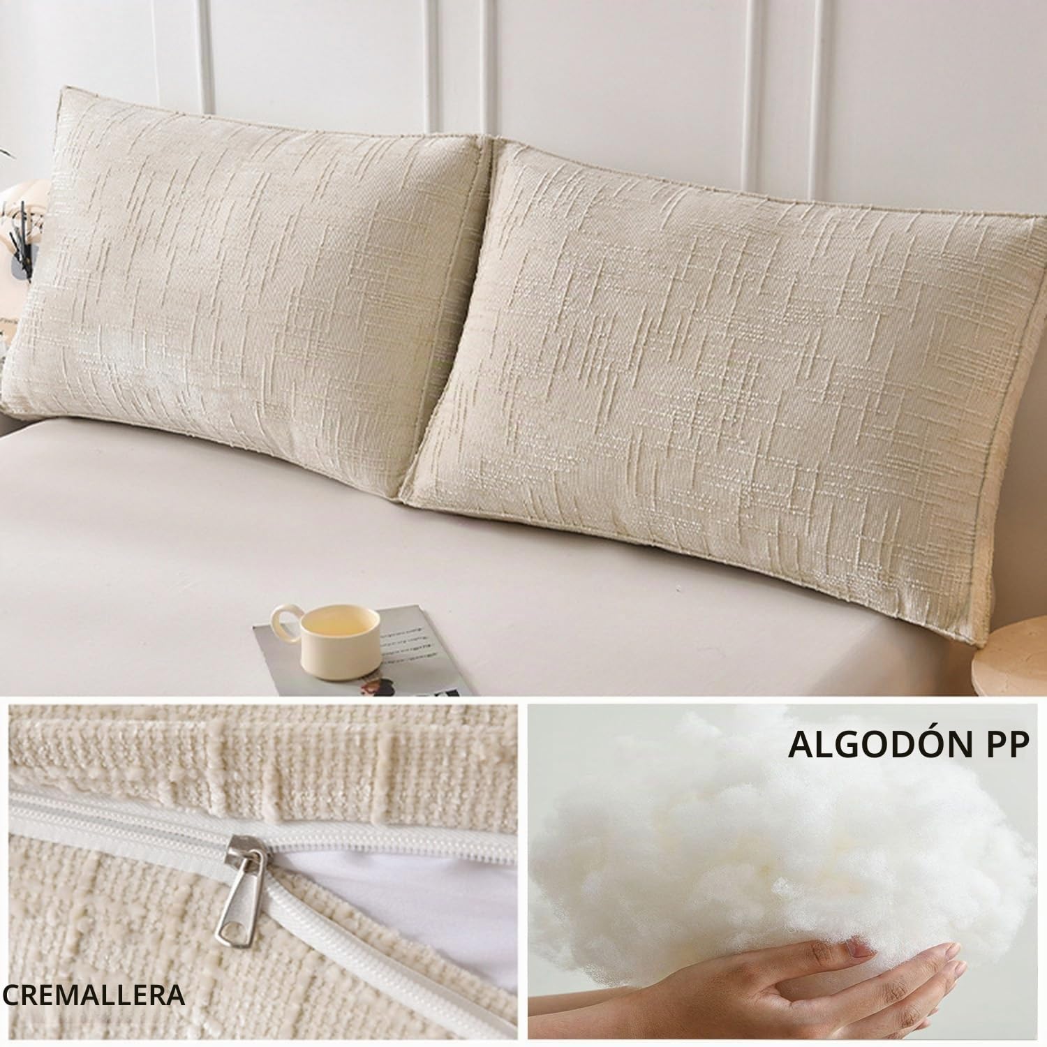Grande Cojín for Respaldo Sofa Cama 60/70/80/90/100cm Almohada de Encosto con Funda Extraíble Relleno de Algodón Perlado Decoración for Sala de Estar y Dormitorio(Beige,70x50x18cm 1pc)