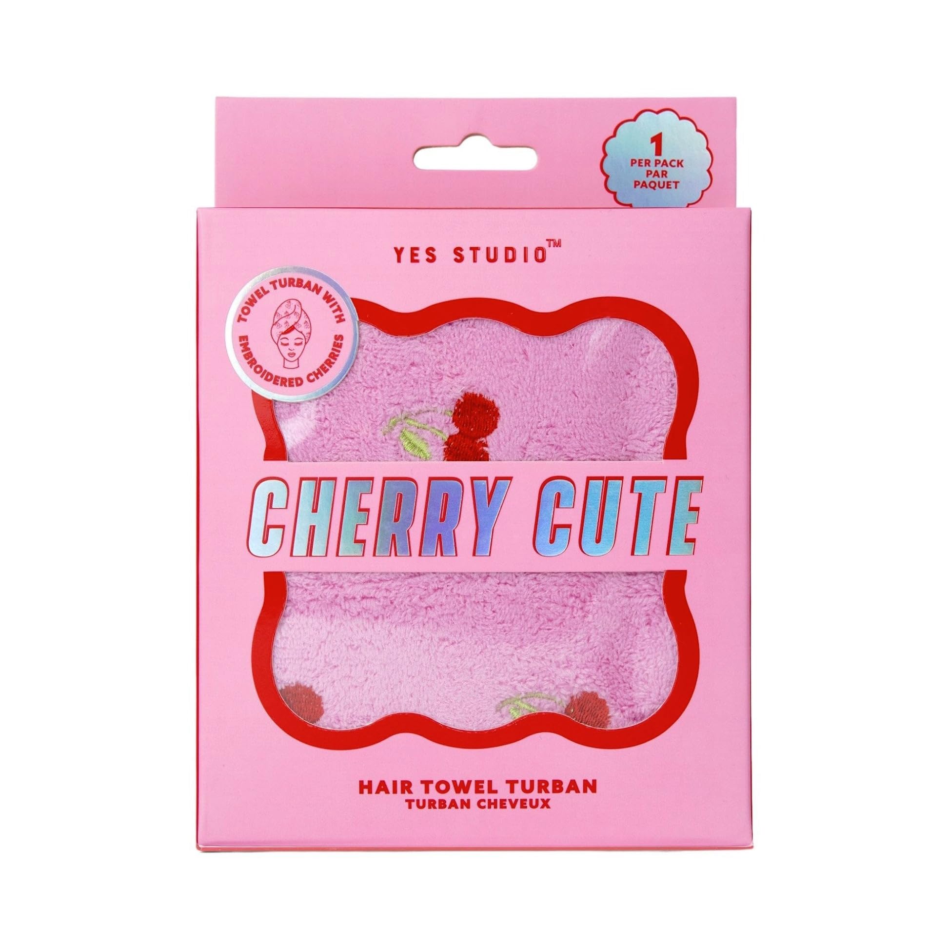 Yes Studio Cherry Cute Hair Towel Turban – Pink Microfibre Hair Wrap with Embroidered Cherry Motif, Quick Dry Absorbent Hair Towel, Easy Wrap Turban, One Size Fits Most