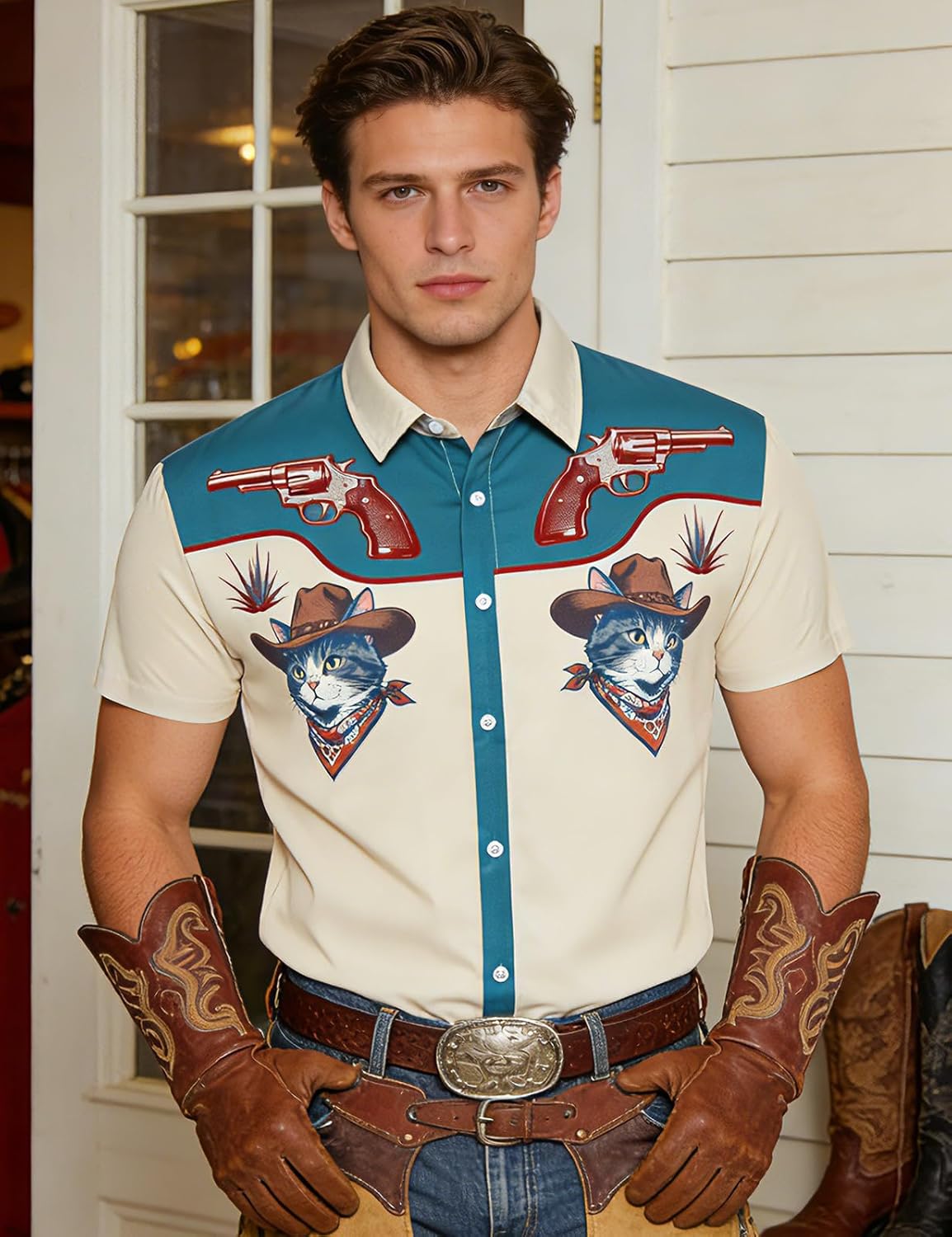 RAISEVERN Mens Hawaiian Shirt Western Cowboy Button Down Short Sleeve Tropical Beach Dress Shirt for Summer Holiday - Image 3