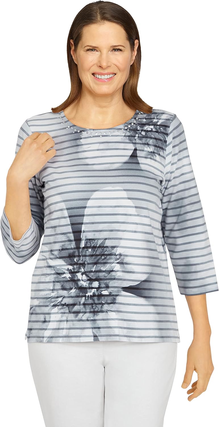 Alfred Dunner Womens Petite Floral Stripe Top