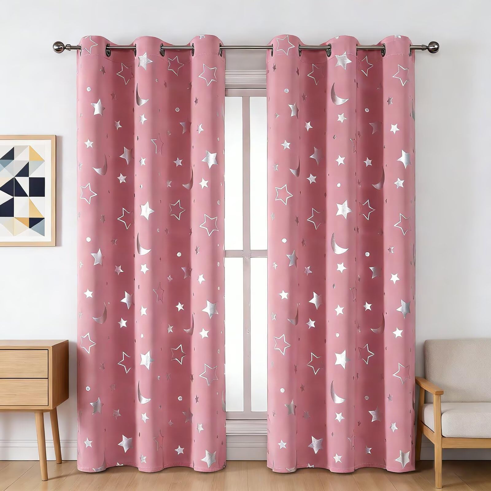 Yujoqup Pink Star Blackout Curtains For Bedroom, Thermal Blackout Eyelet Curtains, Door Curtain For Living Room Privacy Protect(Size:34" W X 84" L(2 Panels),Color:pink)