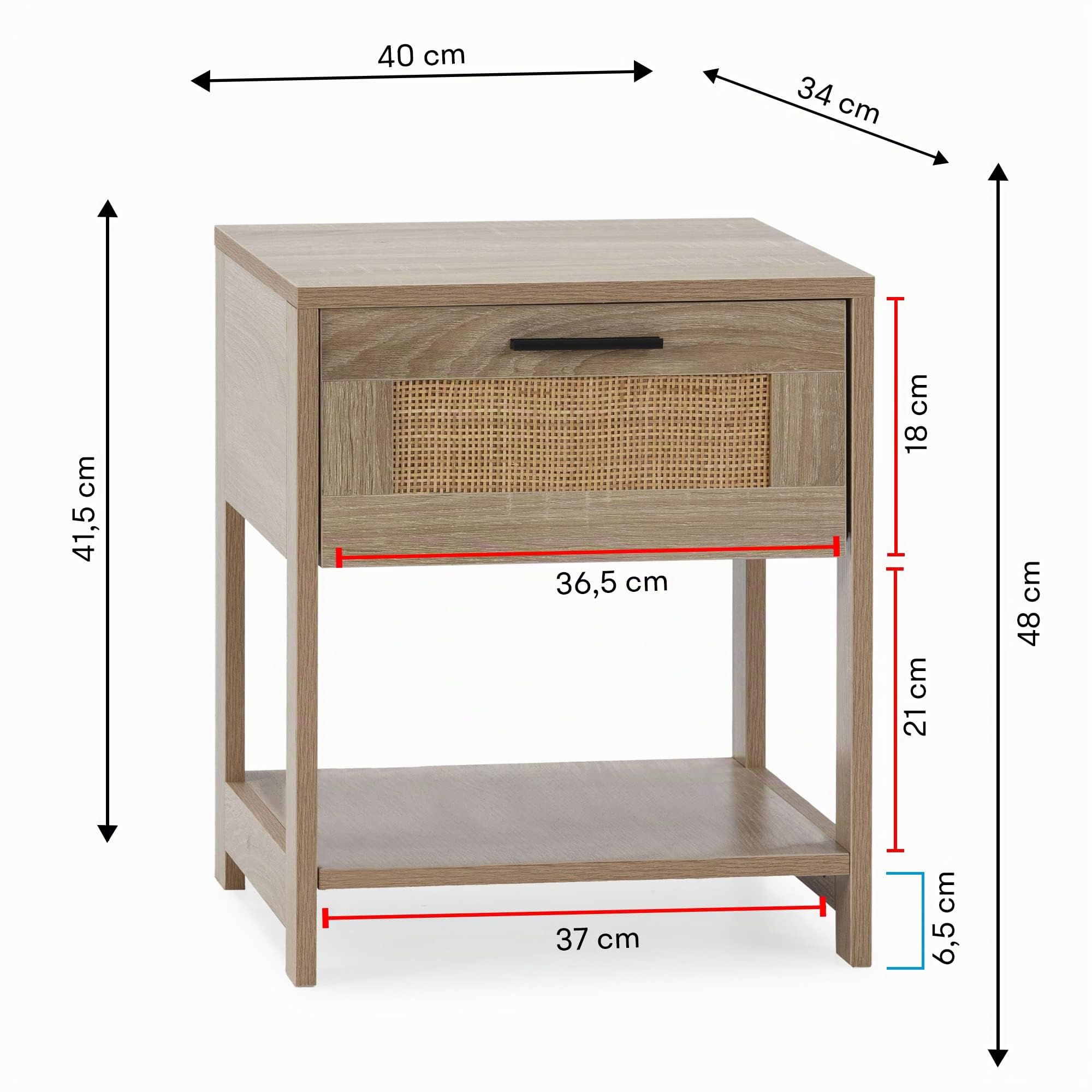 HOMN LIVING Mesita de Noche Dalia 1 Cajón y 1 Estante Color Roble, guías metálicas, 40 cm (Ancho) 40 cm (Profundo) 48 cm (Altura)