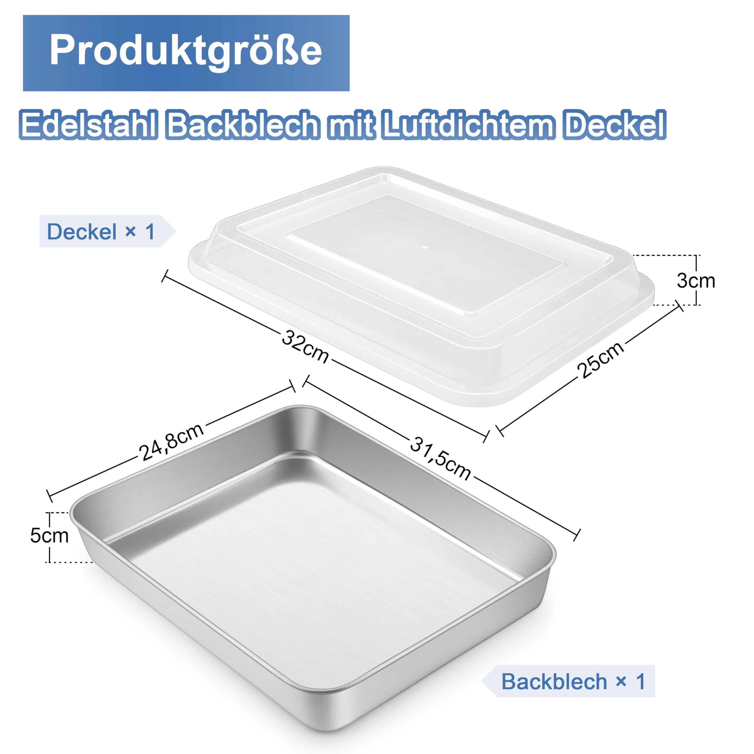 Onader Blacha do pieczenia, prostokątna forma do pieczenia ze stali nierdzewnej, z hermetyczną pokrywką, głęboka blacha do pieczenia, serwowania, nadaje się do mycia w zmywarce – 31,5 x 24,8 x 5 cm