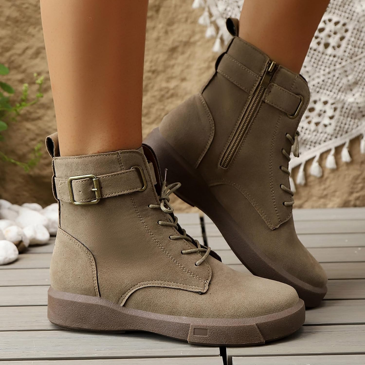 Women Lace Up Buckle Ankle Boots Fall Winte Round Toe Low Heel Boots