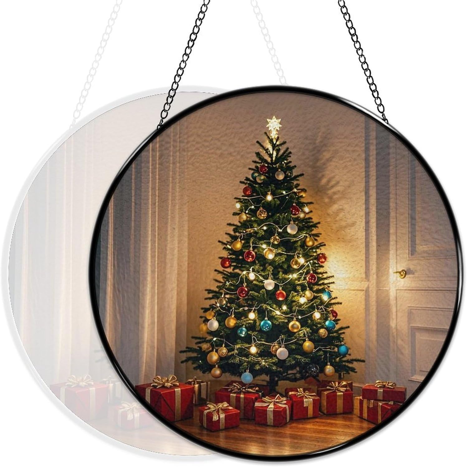 Stained Glass Window Hanging 30x30cm Window Suncatcher Glass Panel with Metal Chain Christmas Tree Adorned with Light Bulbs and BellsSun Catchers Wall Art Home Decor Gift for Women Mother's Day