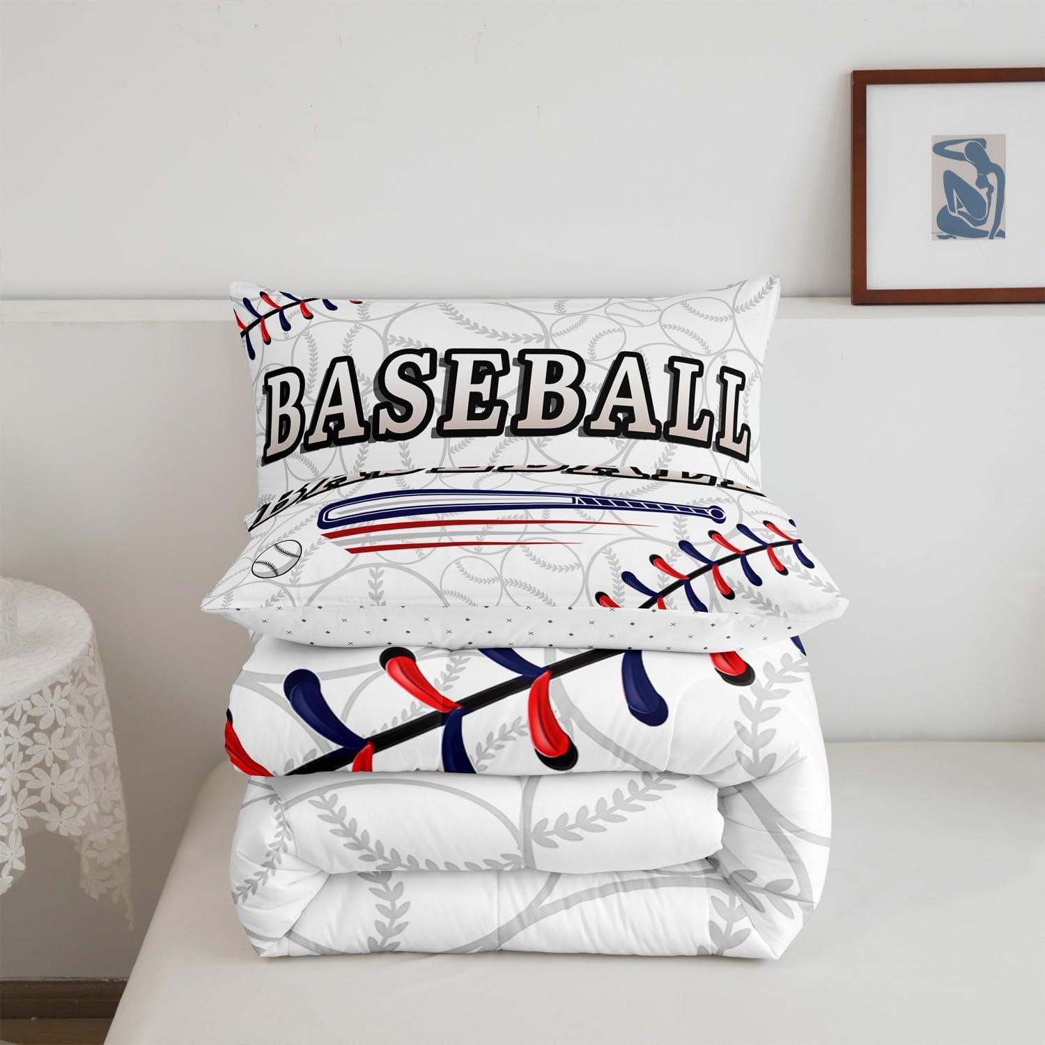 Erosebridal Toddler Size Baseball Bedding Set for Boys Sports Themed Quilt Soft Microfiber Comforter Set Ball Gaming Court Print Down Comforter with 1 Pillow Case,White Blue Red