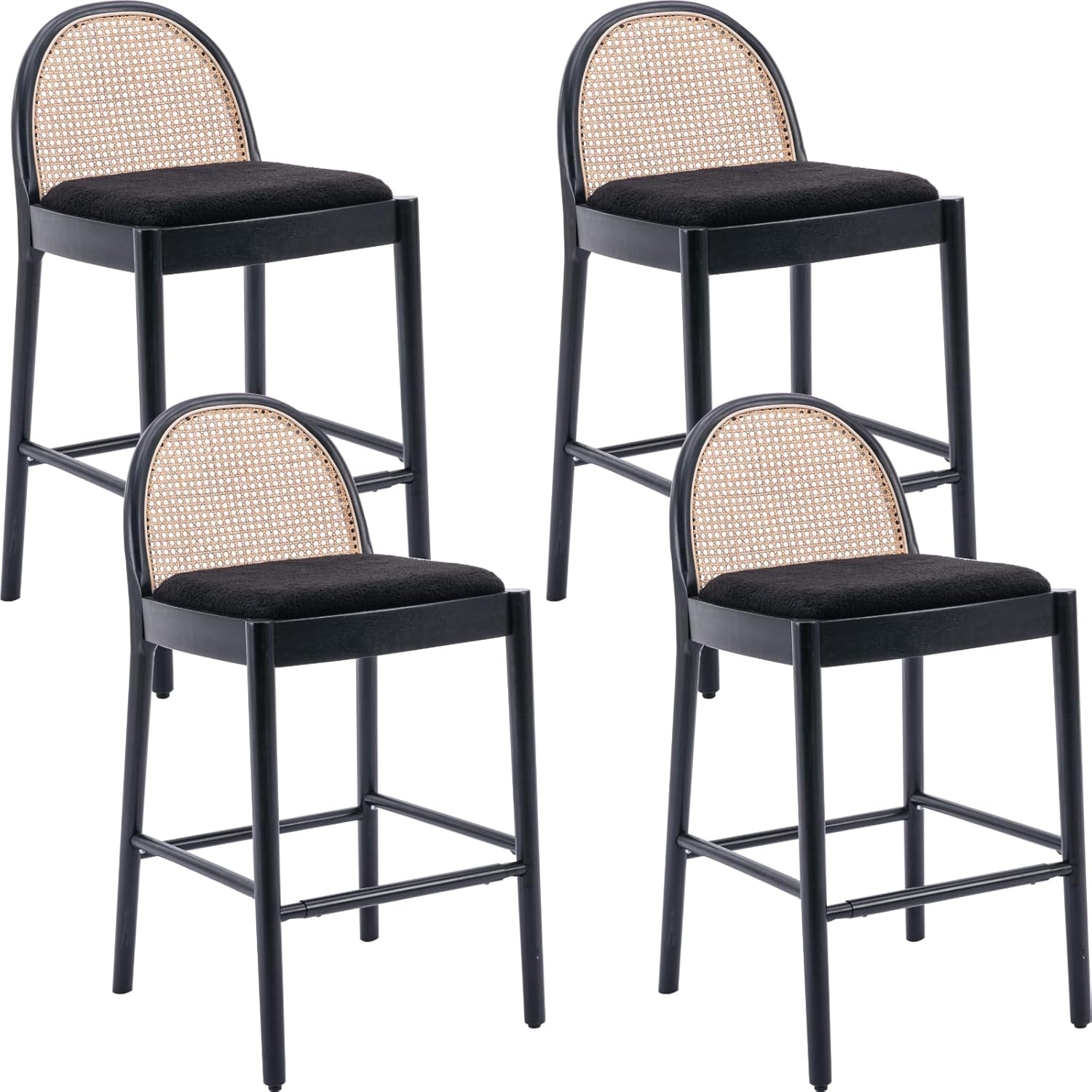 Ya-Home Mid-Century Bar Stools Set of 4, 30 Inch Rattan Back Sherpa Counter Height Barstools Comfy Upholstered Bar Chairs with Wooden Legs for Kitchen Dining Room, Black