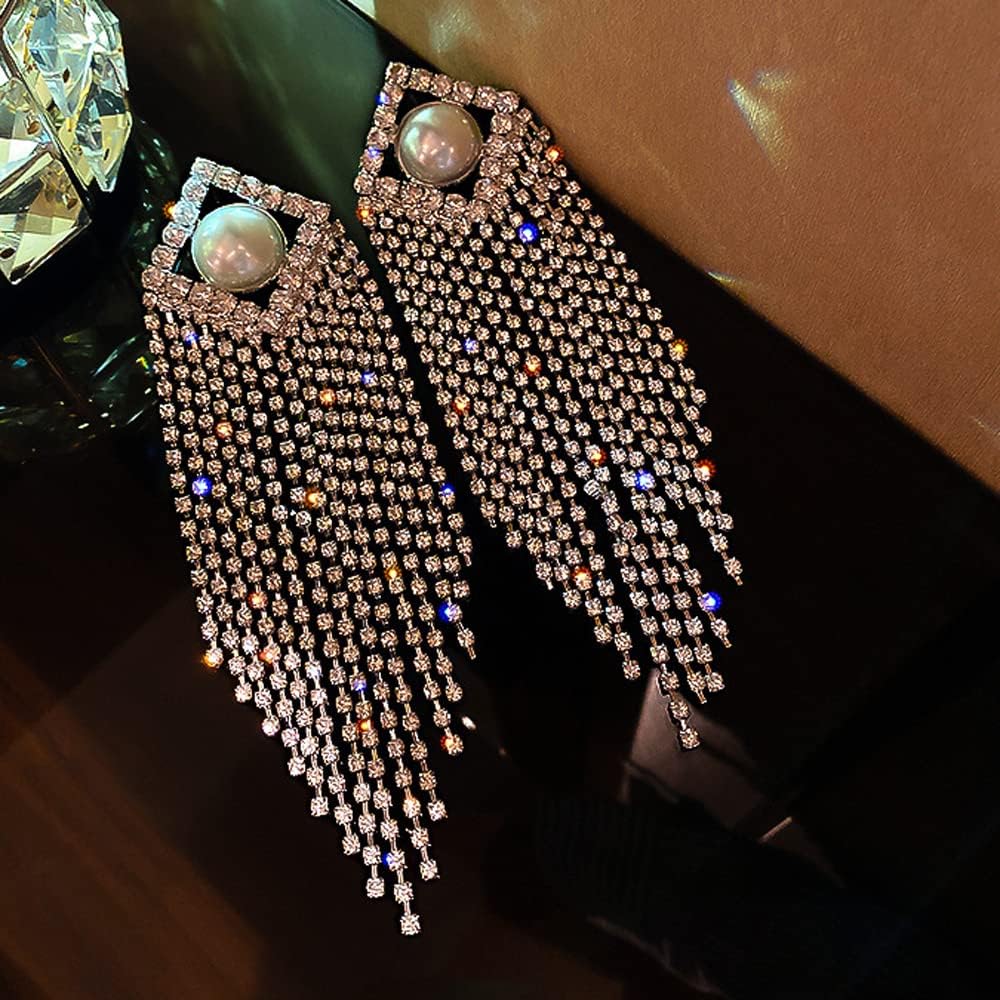 Octwine Fashion Crystal Long Tassel Full Bling Bling Rhinestone Pearls Drop Earrings Oversized Wedding Prom Party Long Rhinestone Earrings for Women - Image 6