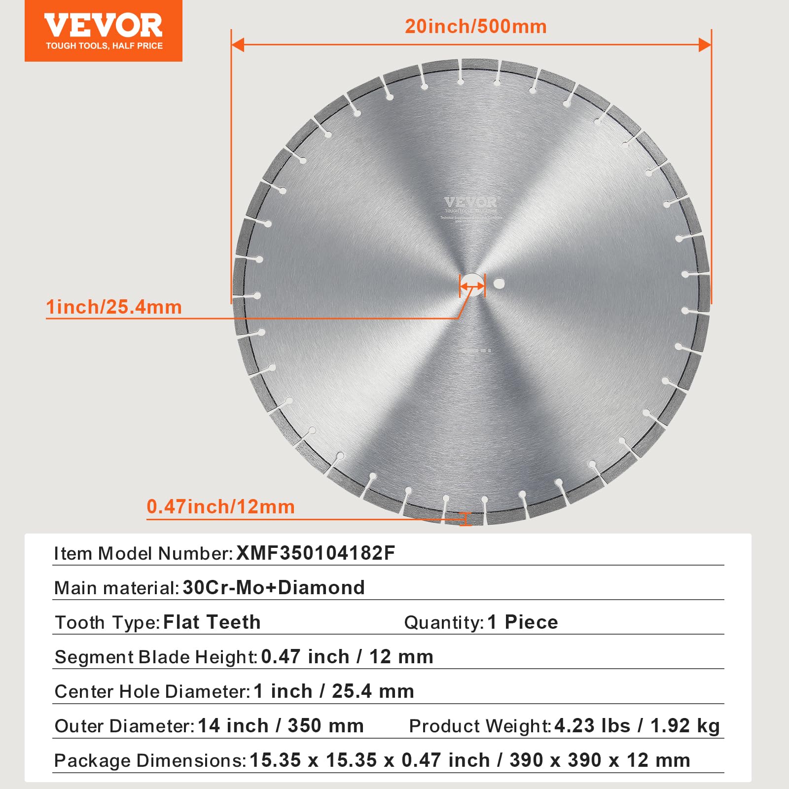 VEVOR Disco de Corte de Diamante 350 mm Disco de Diamante Húmedo o Seco Hoja de Sierra con Dientes Planos 10 mm Diámetro del Orificio Central Universal 25,4 mm Para Hormigón, Azulejos, Ladrillo