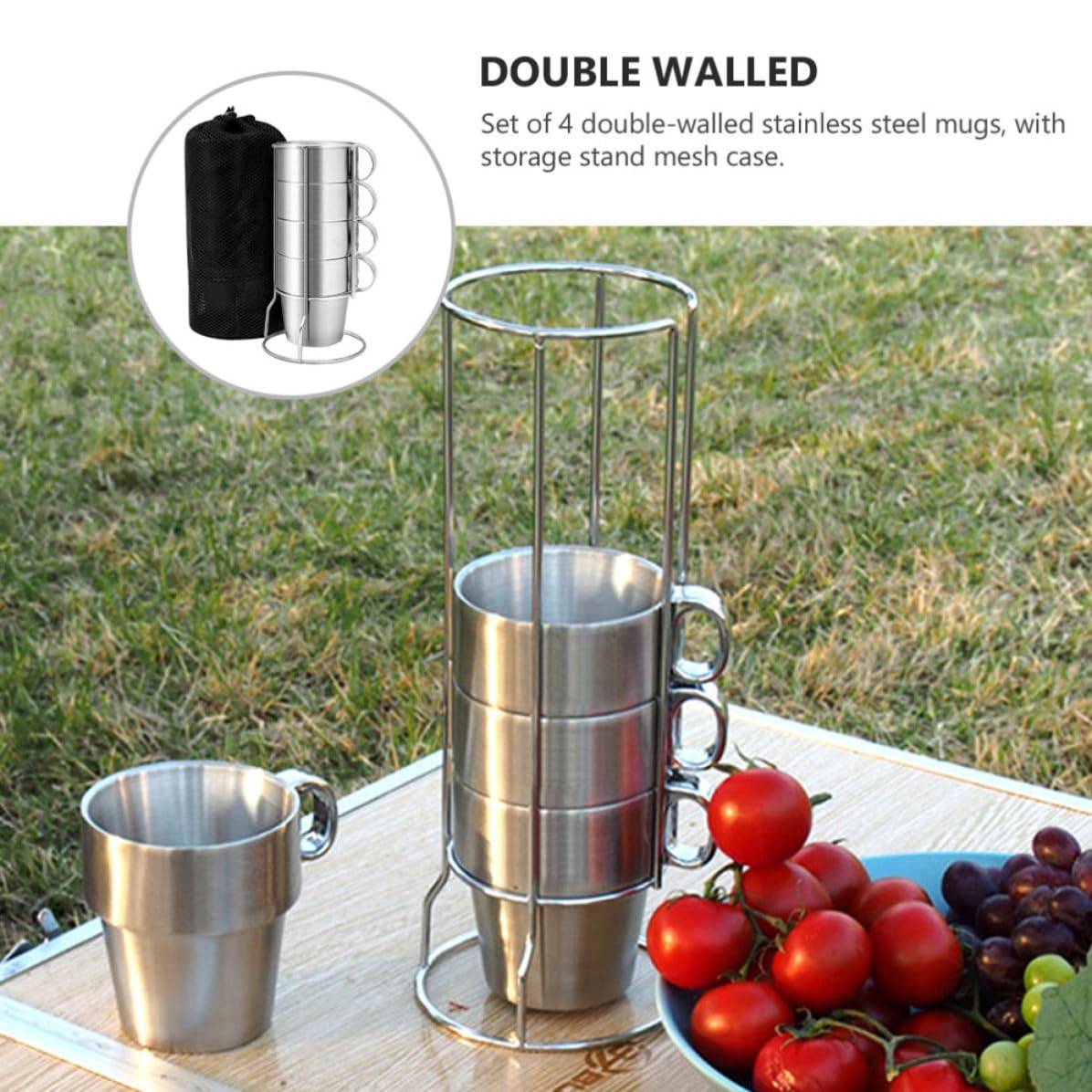 GALPADA Set de 4 Tazas Térmicas de Acero Inoxidable de Doble Pared Soporte Apilable para Camping y Picnic, Aislamiento Térmico y Retención de Frío