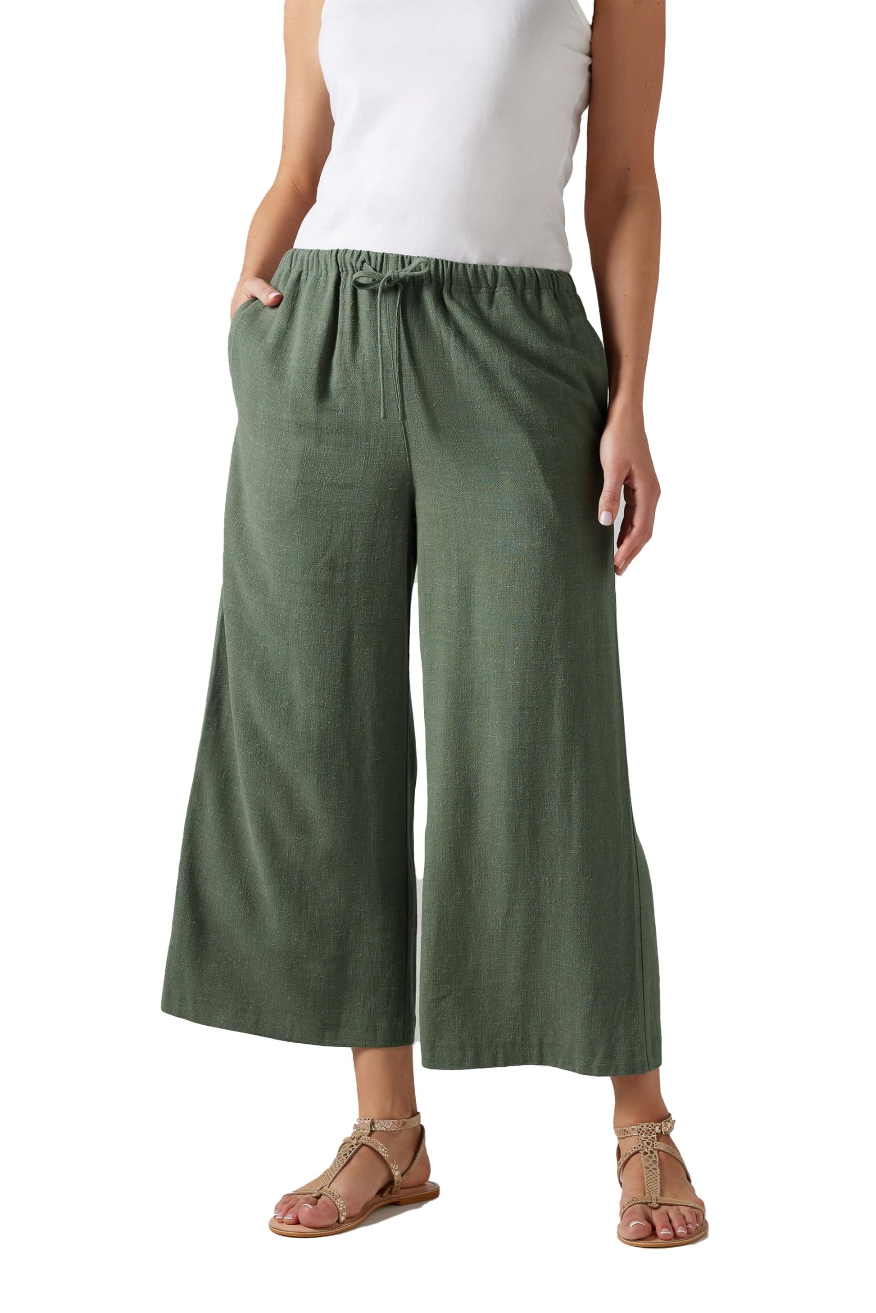 Long Tall Sally Women's Green Tall Linen Cropped Wide Leg Trousers In Size 20