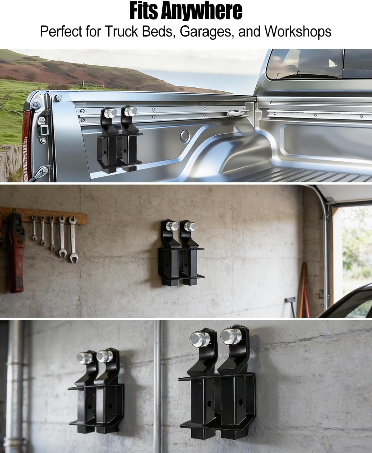 2" Trailer Hitch Storage Bracket for Two Ball Mount Hitches, Double Hitch Holder for 2 Inch Mount Shank, Truck Bed or Garage Wall Mounted