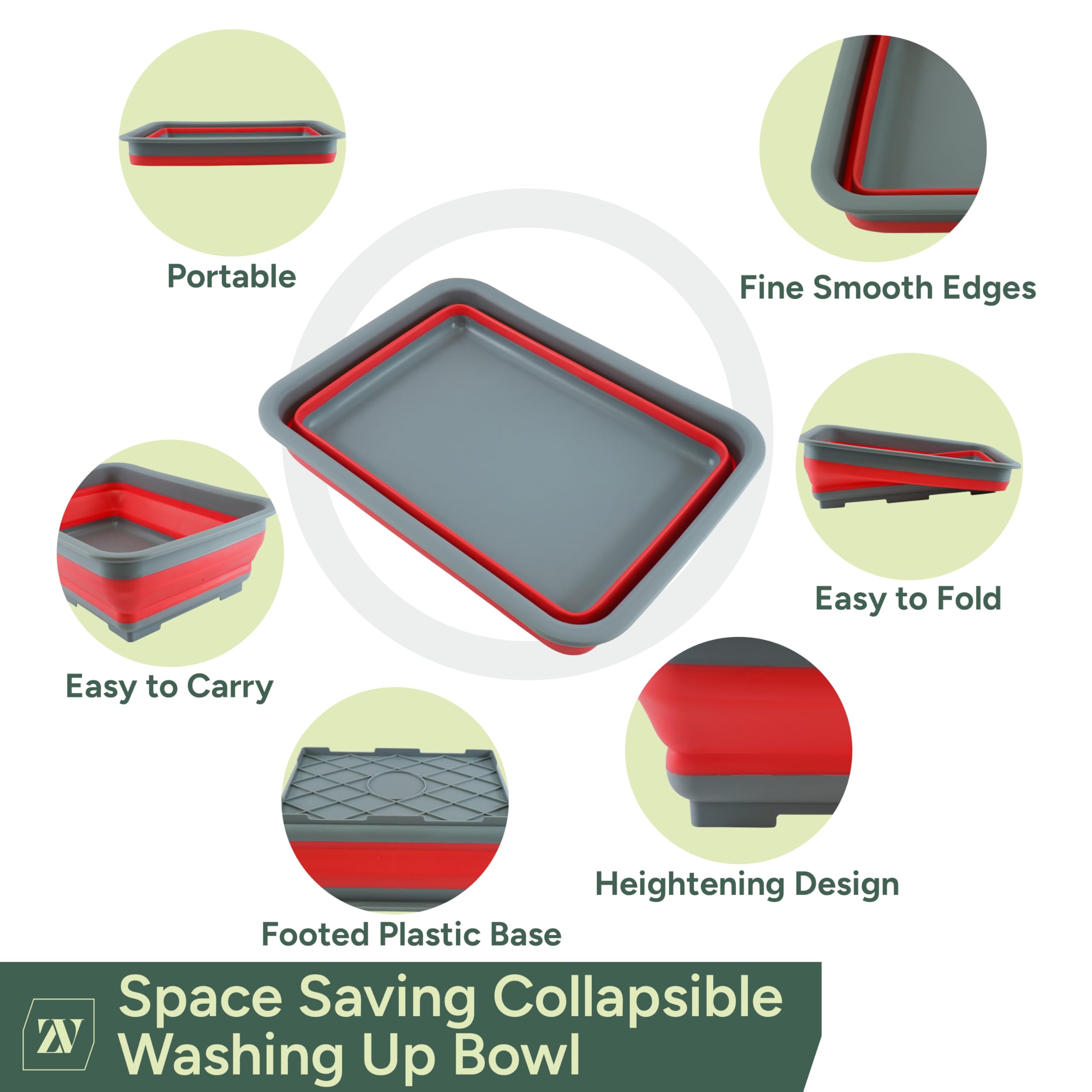 Zuvo Bassine Pliable 10L – Bassine de Vaisselle Pliable et Portable – Récipient Rectangulaire Gain de Place pour Cuisine, Camping, Caravaning & Extérieur – Rouge et Gris