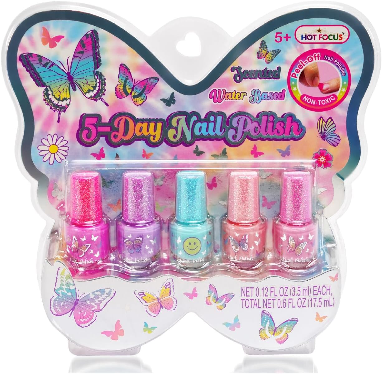 Hot Focus Kids Nail Polish Set for Girls - 5 Piece Colorful Scented Water Based Washable Quick-Dry, Peel Off, Fun & Creative Nail Art Set for Pretend Spa & Salon Days, Parties, Sleepovers, Makeovers