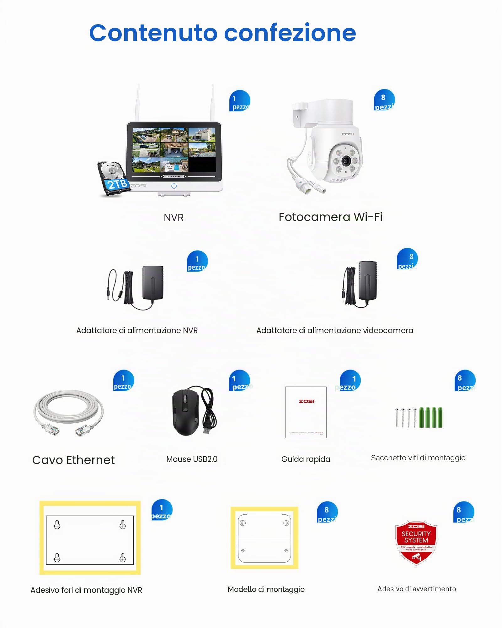 ZOSI 5MP Telecamera di Sorveglianza per Esterno, 8CH 2TB NVR con 12” Monitor, 8x Telecamera WiFi 6 Pan &Tilt, Audio a 2 Vie, Rilevamento Persone AI, Visione Notturna a Colori, C280