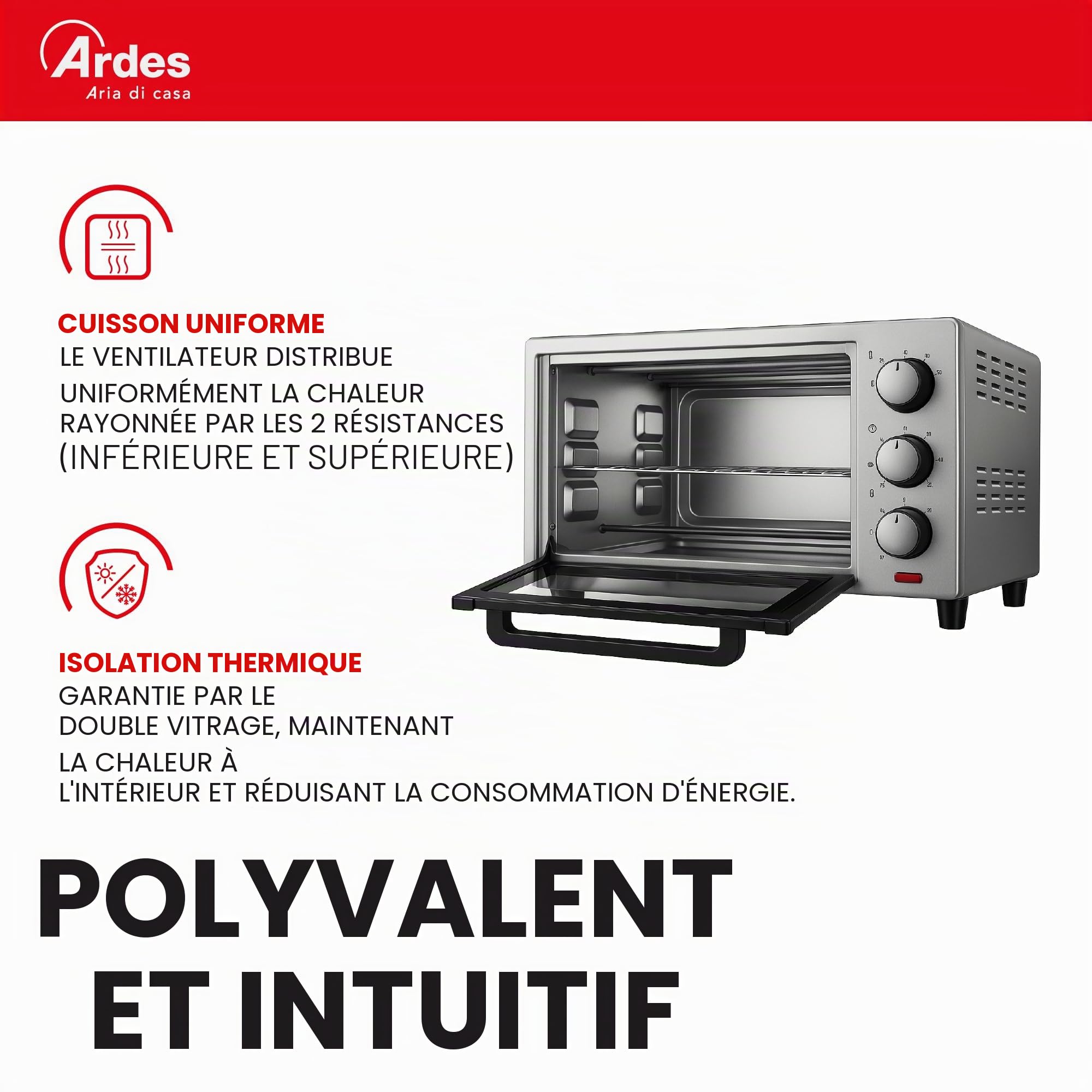 ARDES - AR6225S Four électrique ventilé Capacité de 25 litres avec lumière interne 6 fonctions Cuisson Minuterie Double vitrage avec accessoires Magnus, Argent
