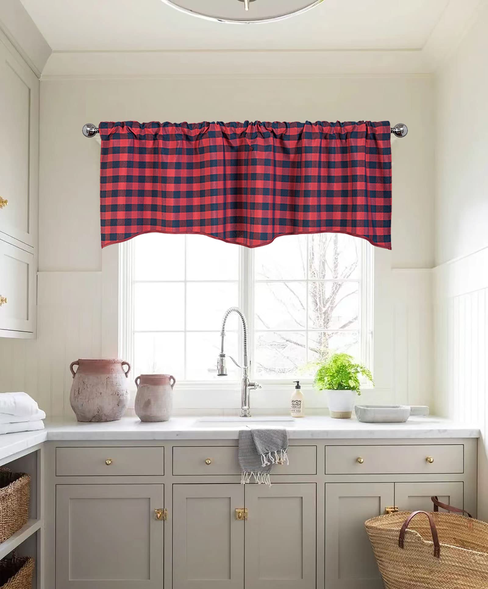 BOYOUTH Semi Shading Scalloped Striped Pattern Valances Short Curtains,Rod Pockets Check Valance for Kitchen,Cafe,Bathroom,52 Inches by 18 Inches,Red and Navy Blue,1 Panel