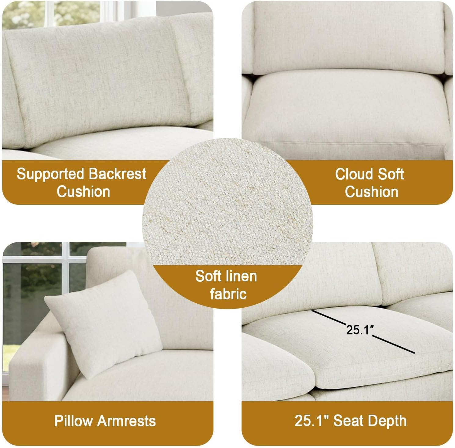 Cloud Sectional Couches for Living Room,5 Seater Filled-Down Comfy Sofa,Detachable Couch Cushion Covers,V Shaped Minimalist Deep Sofa Modular Sectional Sofa,Cream White-Linen