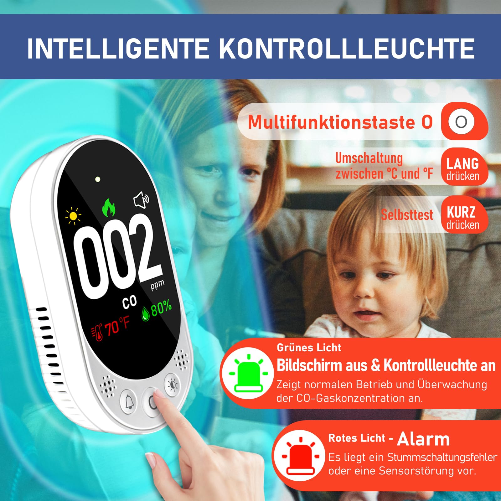 LSENLTY Kohlenmonoxid Melder, CO Melder mit HD-Bildschirm und Anzeige, visuellem und akustischem Alarm, 3-in-1-CO-Melder (CO-Gasmessgerät, Temperatur und Luftfeuchtigkeit) für Zuhause und unterwegs