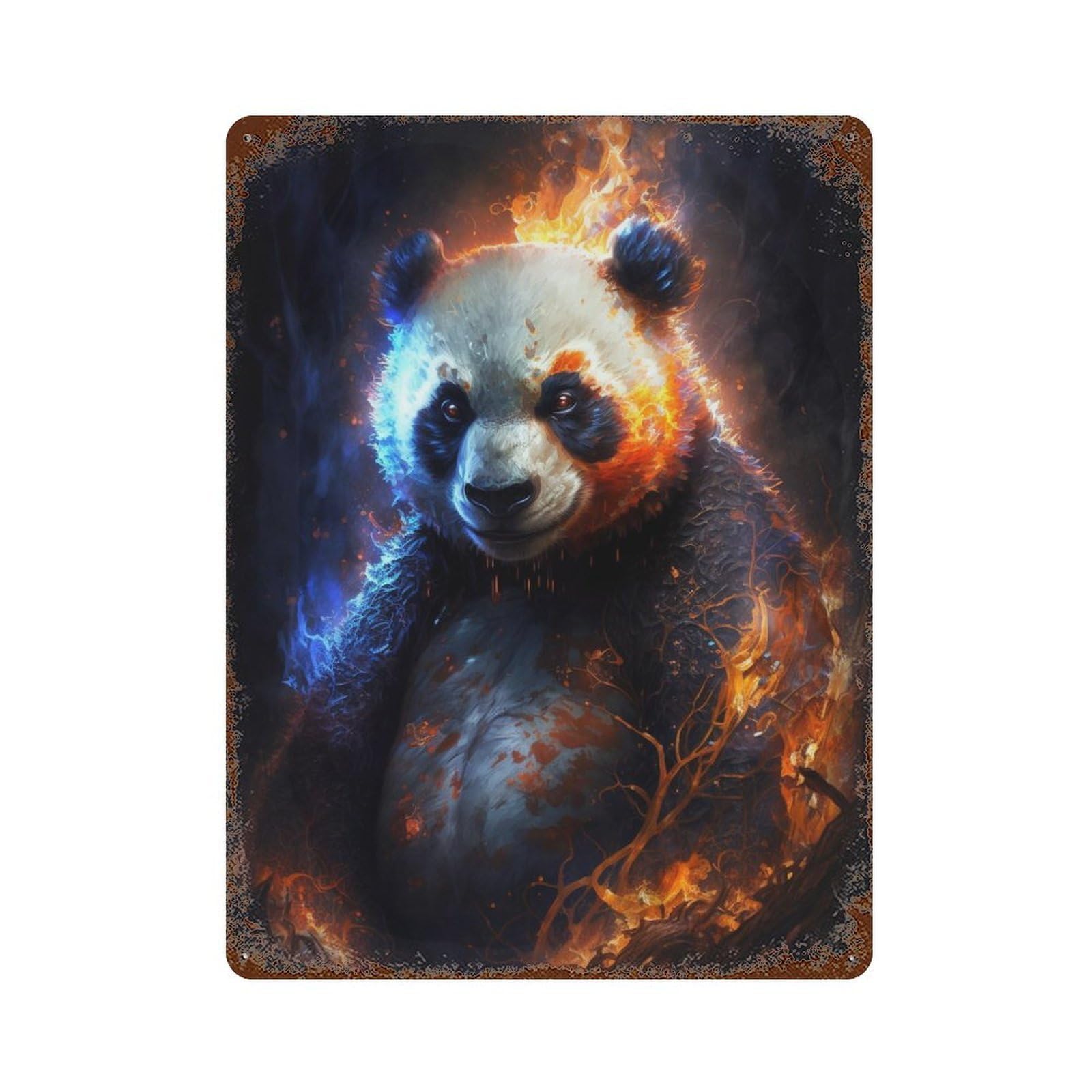 Rust Effect Flaming Panda Art Print Vintage Metal Tin Sign 15.7"x11.8", Farmhouse Wall Decor for Garage, Bar And Workshop Decor