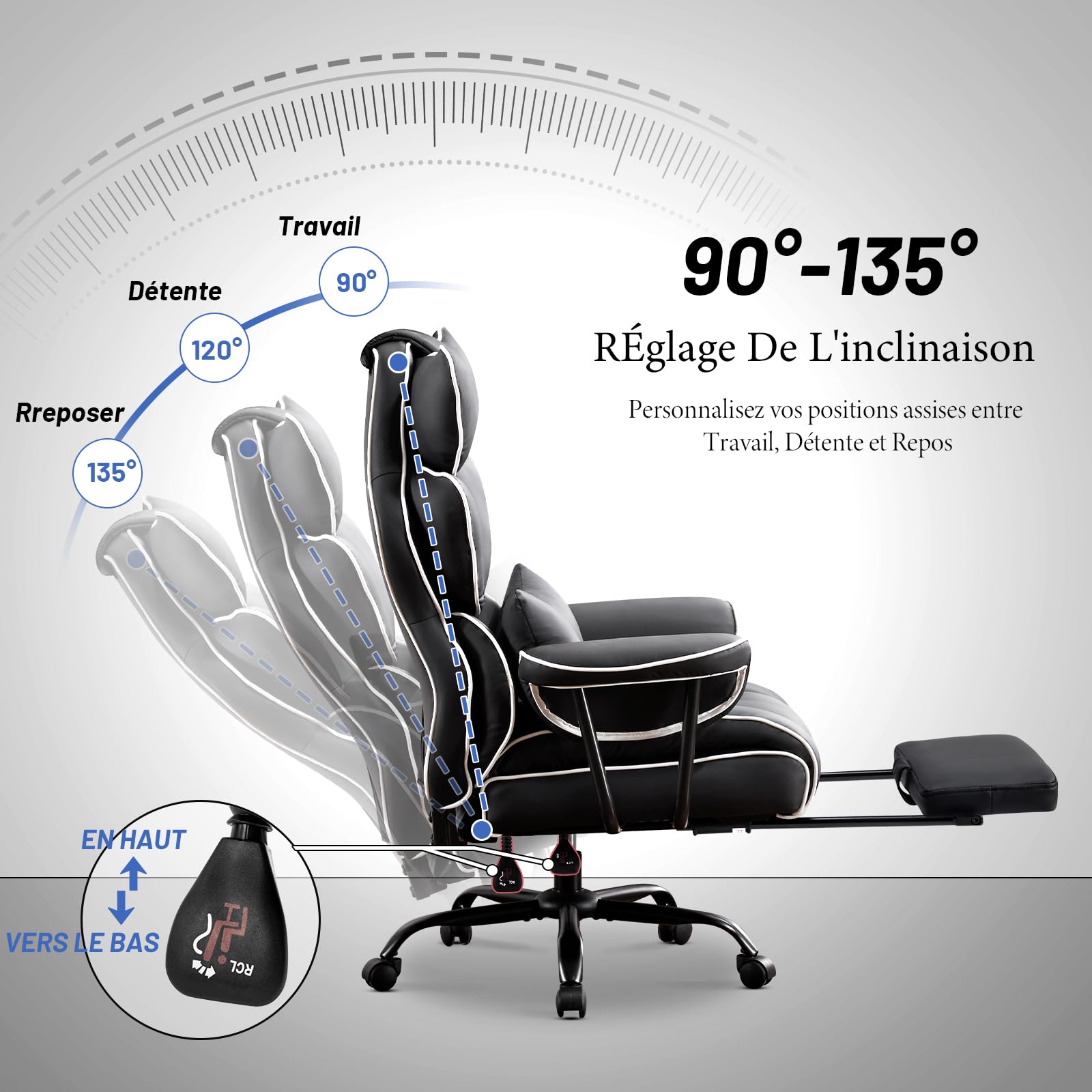 Fauteuil de Direction, Chaise de Bureau avec Repose-Pieds, Ergonomique Fauteuil de Bureau Cuir PU Inclinable avec Support Lombaire, Chaise d'Ordinateur à Hauteur Réglable, Noir, 1