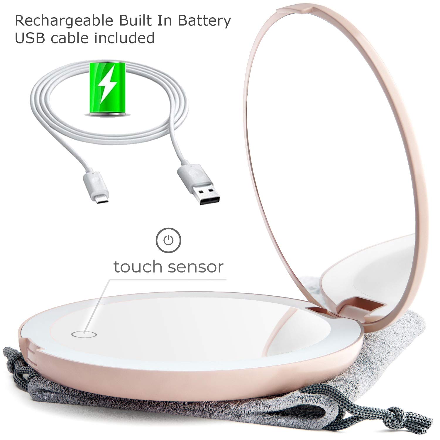 Miroir De Maquillage LED Mavoro 17,8x22,9 Cm - Rechargeable USB-C, Support Inclinable Et Mural, Voyage