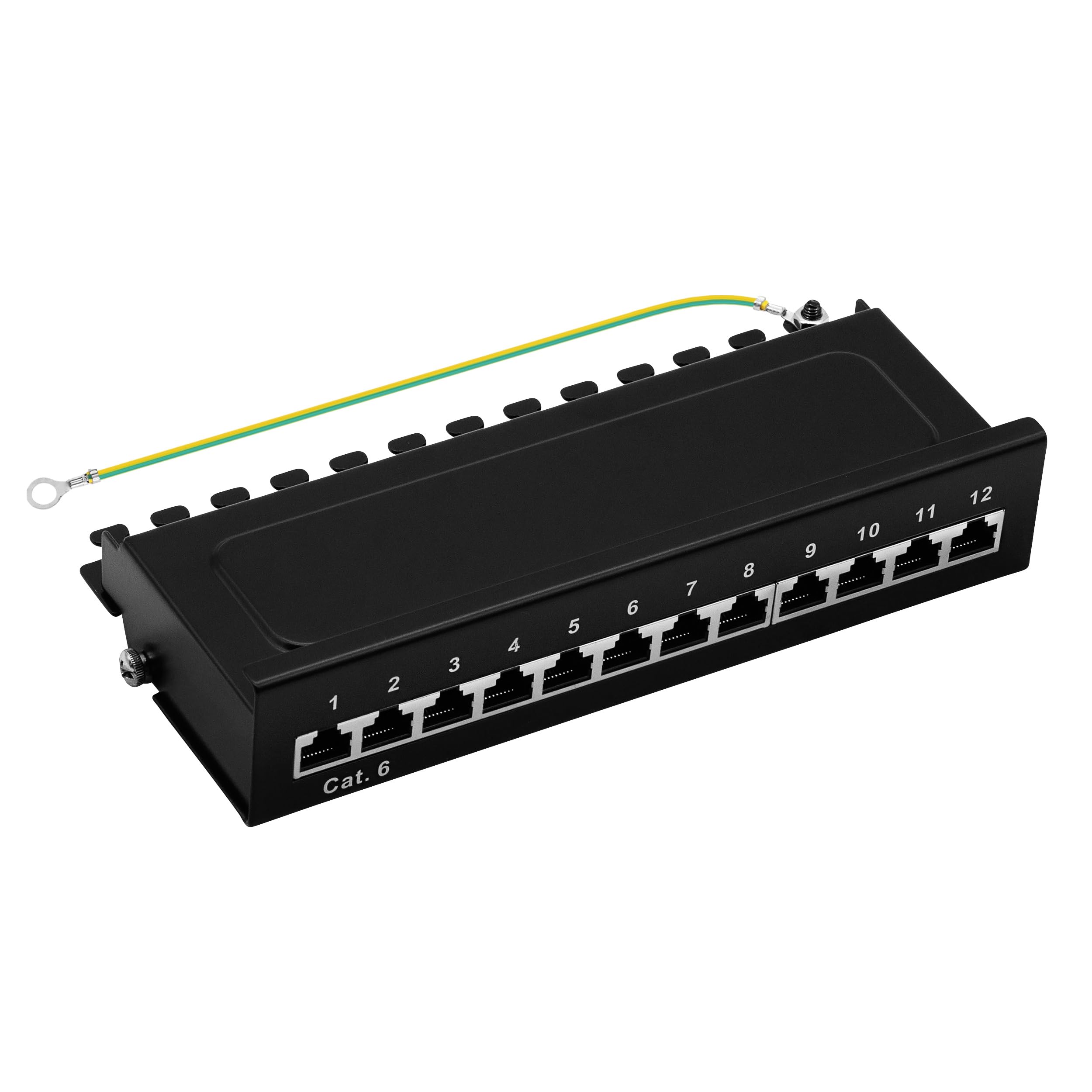 Patchpanel Cat6 Patchfeld 12 Port Verteilerfeld RJ45 Desktop und Wandmontage geschirmt 1HE Patchpanel bestückt mit 12 RJ45 Modulen für cat5e, cat6, cat6a, cat7, cat8 Patchkabel, Verlegekabel (Schwarz)