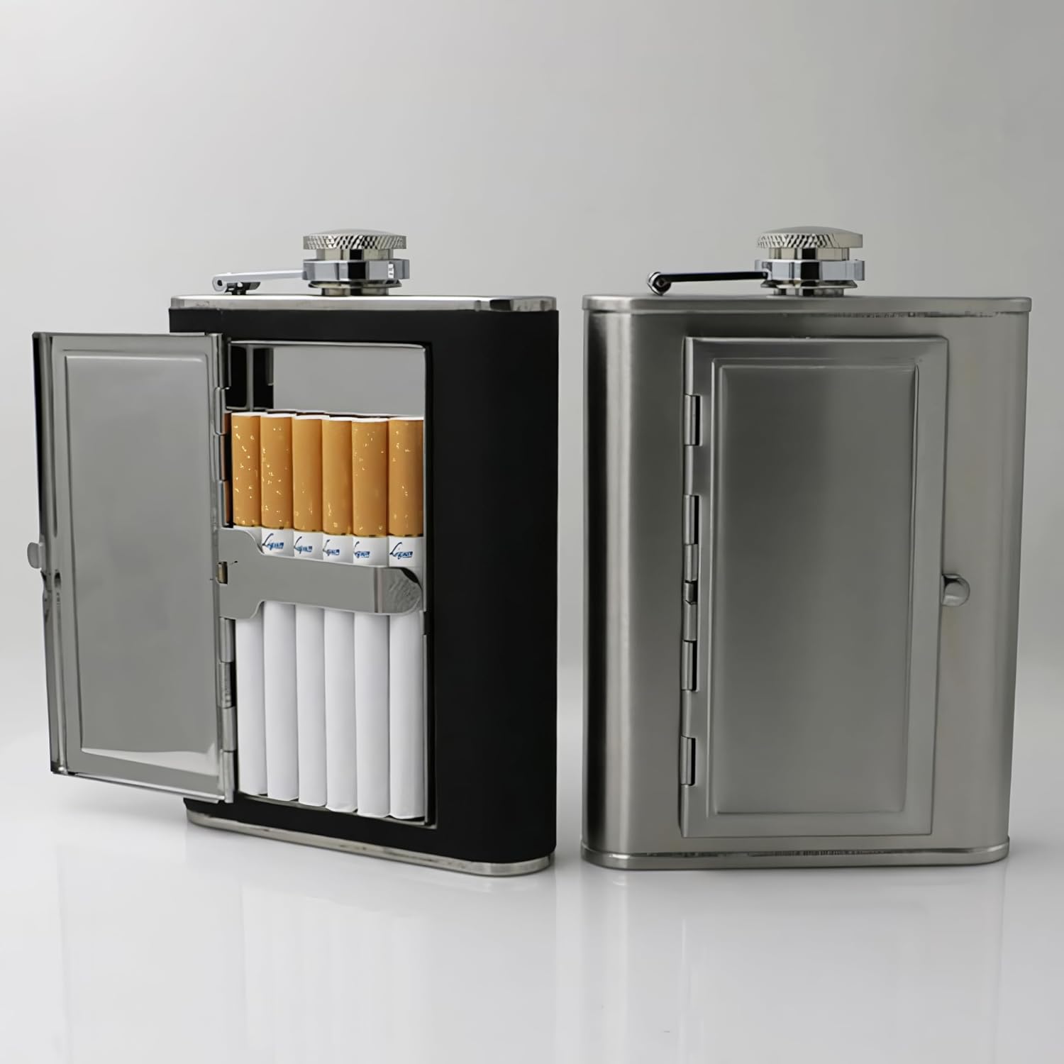 6oz/180ml Brush Finsih Hip Flask with Built-in Cigarette Case & Funnel