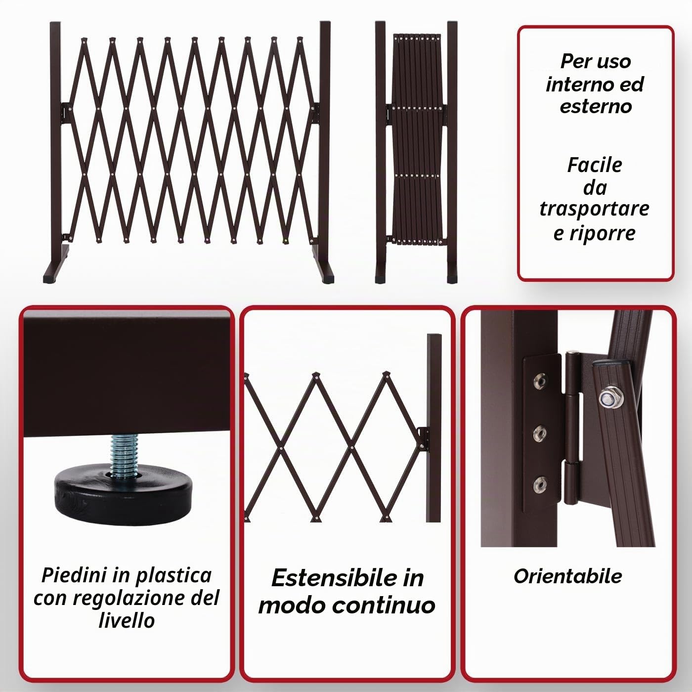Recinto barriera a fisarmonica estensibile HWC-K56 acciaio alluminio 103x36-265x31cm marrone