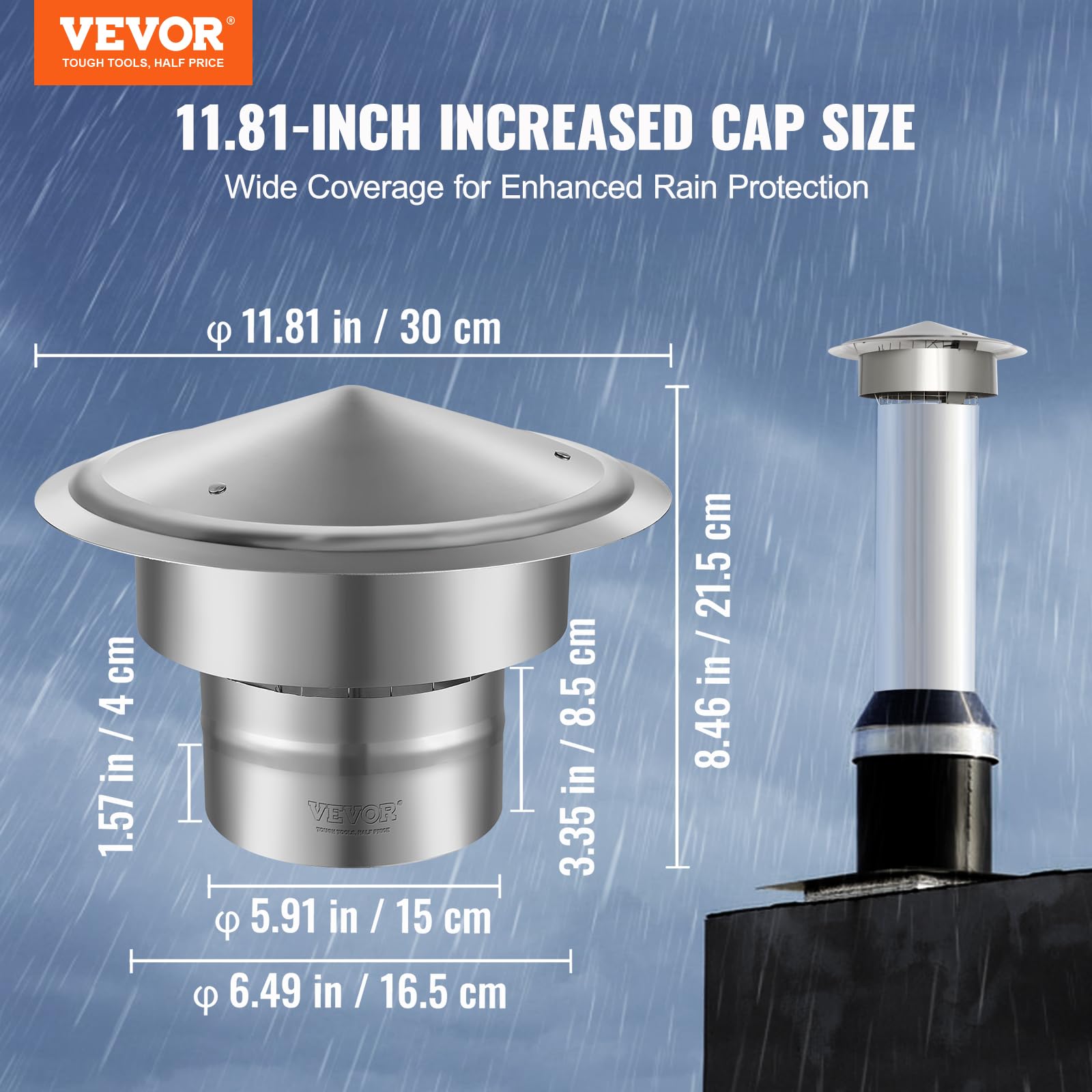 VEVOR Tappo per Camino Rotondo Diametro 150 mm Comignolo Canne Fumarie da Tetto in Acciaio Inox Base Rotondo Accessori Inclusi, Coperchio Comignolo per Camino 300 x 300 x 220 mm Antipioggia da Esterno