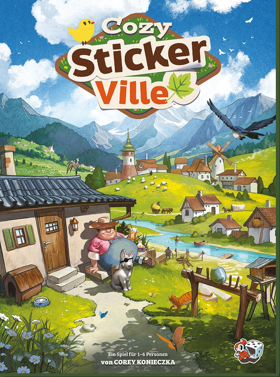 Asmodee, Cozy Stickerville, wersja DE, kooperacyjna gra rodzinna dla 1-6 graczy od 8 lat, gra planszowa z 30-60 minutami gry na grę