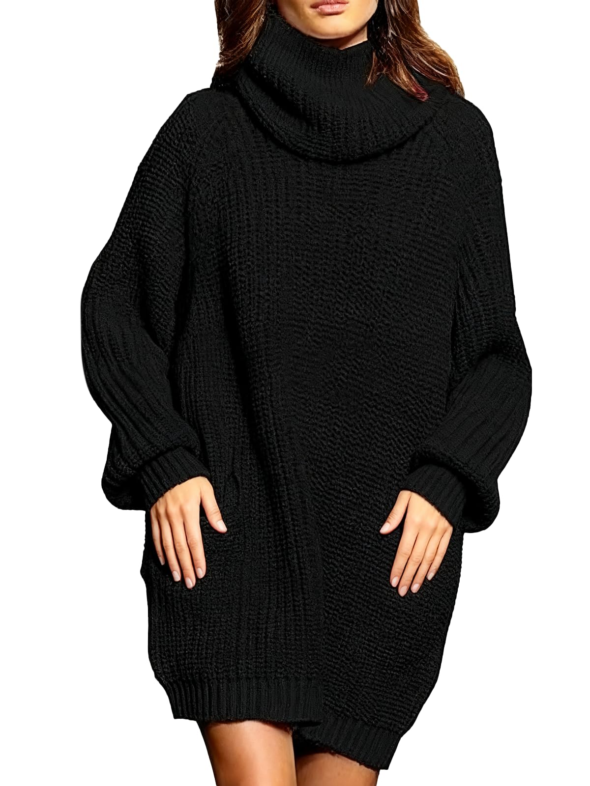 Saodimallsu Robe en tricot surdimensionnée pour femme - Col roulé - Manches longues - Couleur unie - Élégante - Mini robe de Noël - Manches lanternes - Robe d'hiver