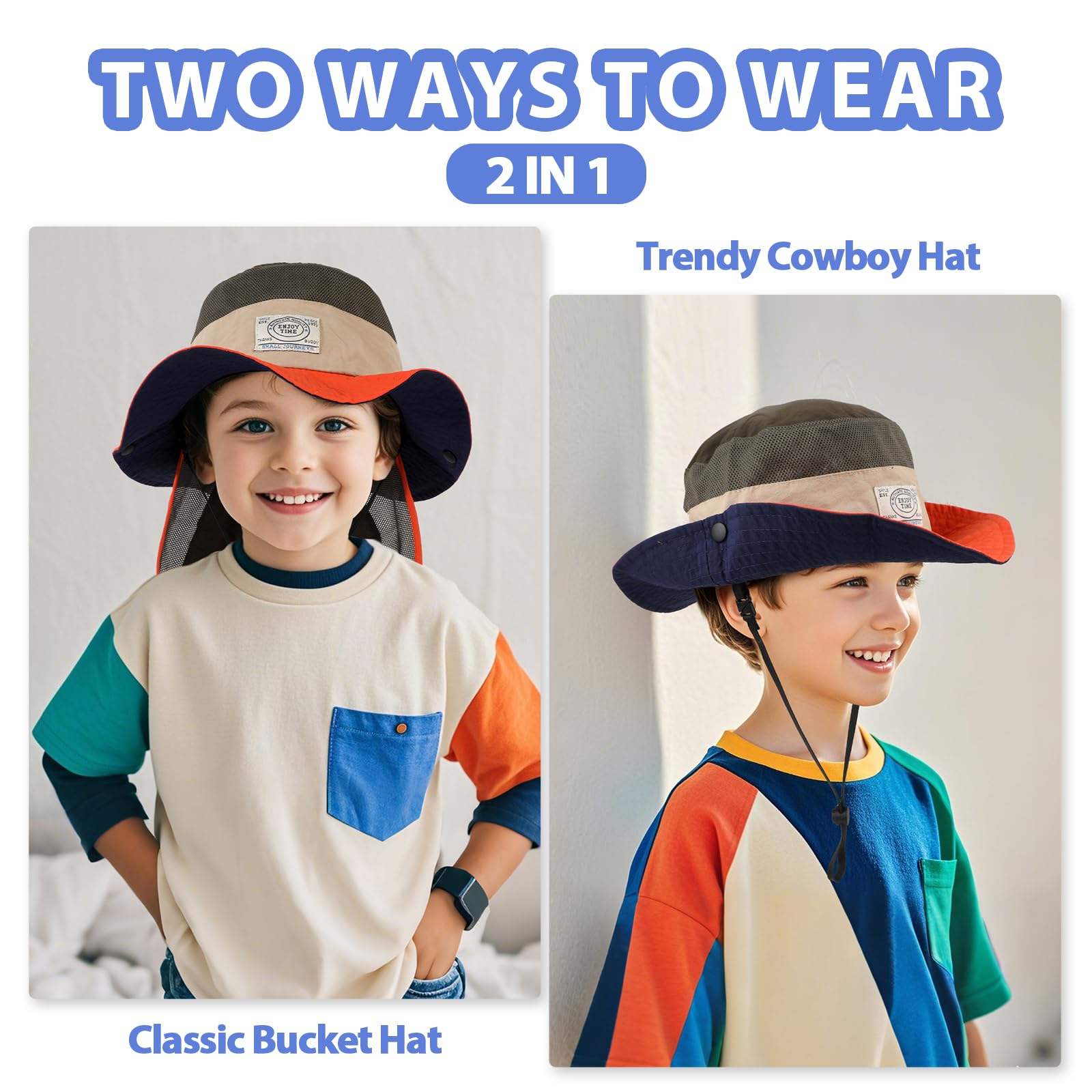TAGVO Chapeau de Soleil pour Enfants, Protection UV avec Jugulaire, Casquette à Bavolet Détachable, à Large Bords pour Enfants de 2 à 6 Ans