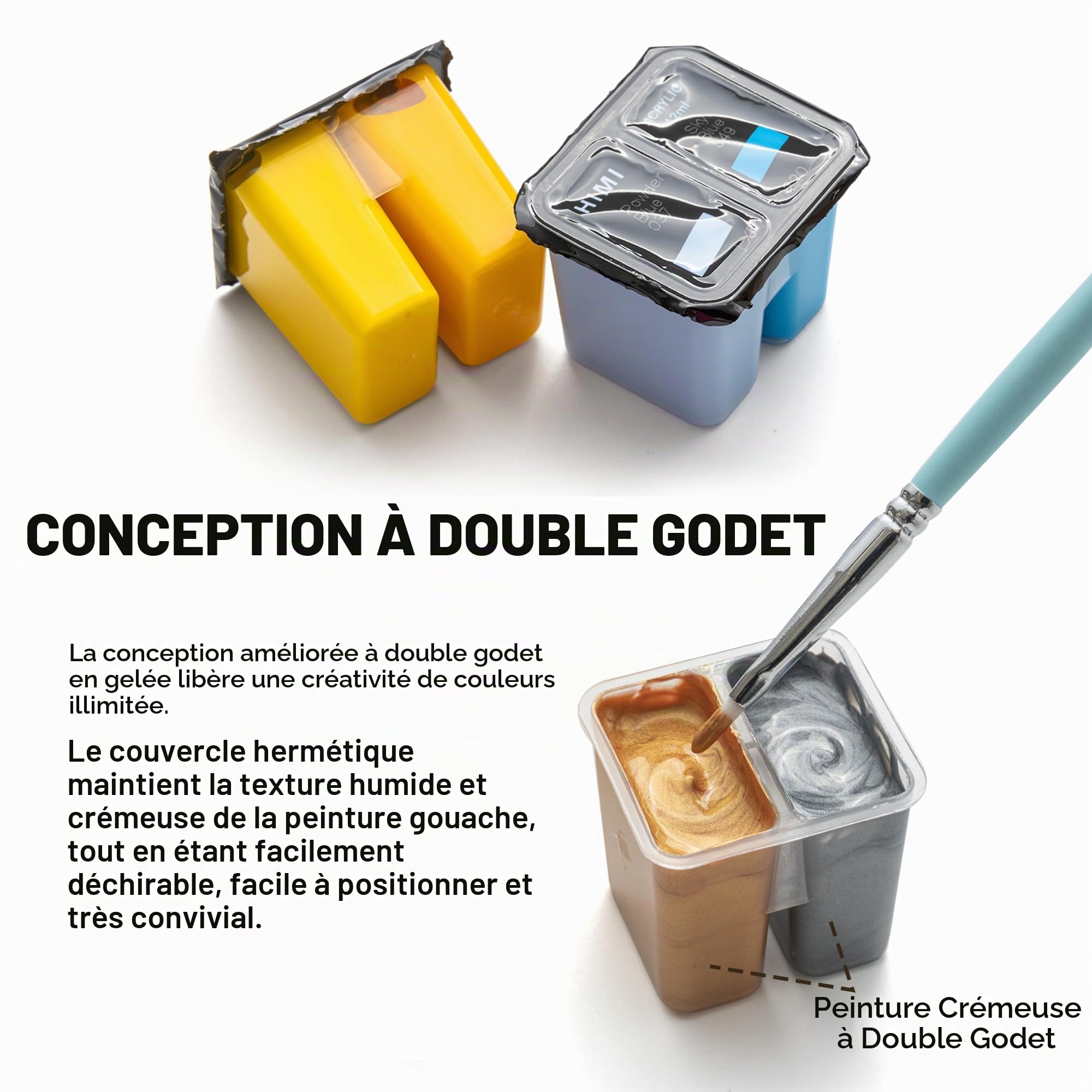HIMI Ensemble de peinture acrylique double tasse, 48 couleurs, 12 g, haute viscosité, fournitures d'art pour peinture sur toile, bois de roche et céramique