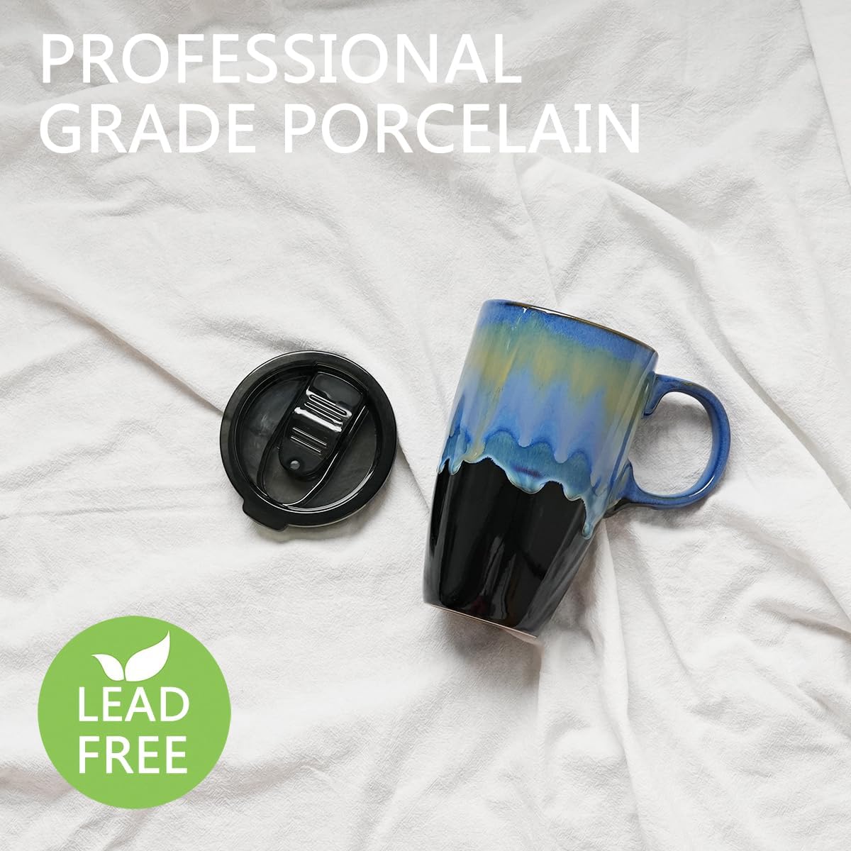 Bosmarlin Ceramic Travel Coffeel Mug with Handle and Lid, 18 oz, Portable Coffee Cup for Car Cup Holder, Microwave and Dishwasher Safe, Reactive Glaze (Blue) - Image 3