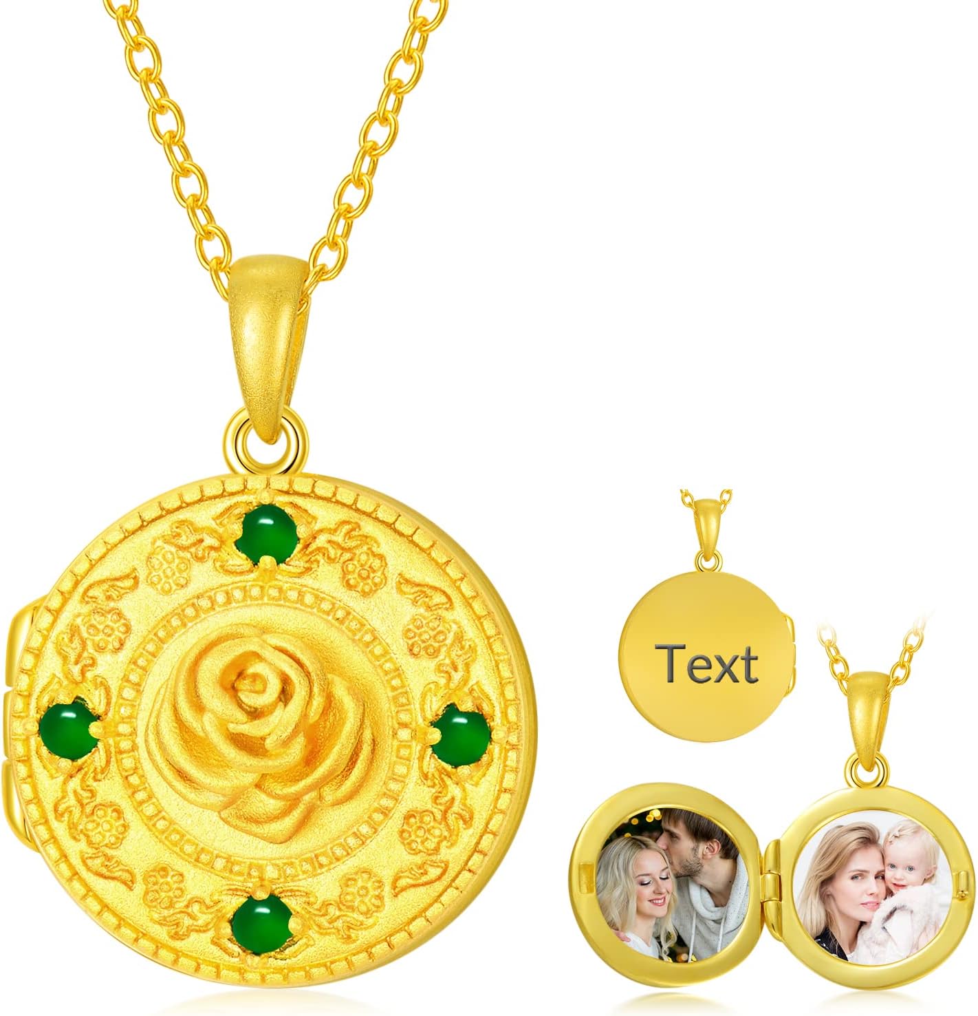 SOULMEET Personalized 10K 14K 18K Gold/Plated Gold Round Emerald Locket Necklace That Holds Pictures Custom Natural Gemstone Locket Pendant Necklace Gift for Wome Men