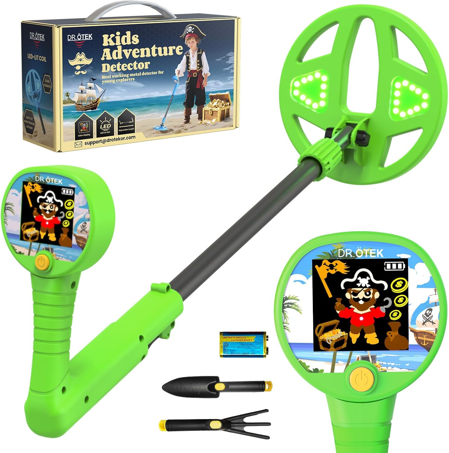 DR.ÖTEK Metal Detector for Kids - Innovative 2.4” Color LCD Display, 6.7” LED-Lit Coil, Adjustable & Lightweight Kids Metal Detector with Safe Rubber Grip, STEM Gifts for Boys & Girls Ages 3-12, Green