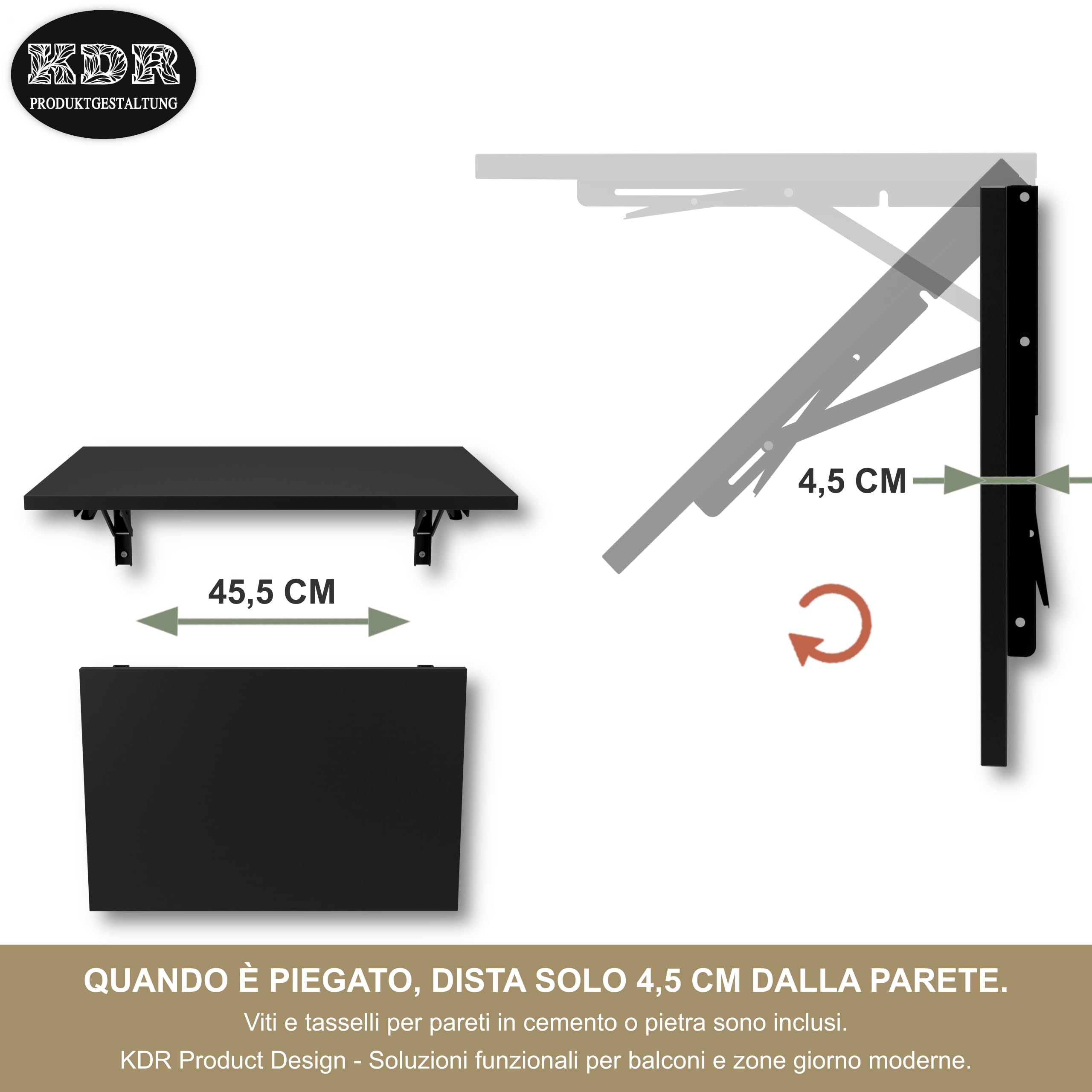 KDR - Tavolo pieghevole da parete, 60 x 40 cm, montaggio a parete, salvaspazio, tavolo da pranzo, scrivania e tavolo da cucina, ideale per piccoli spazi e home office (nero)