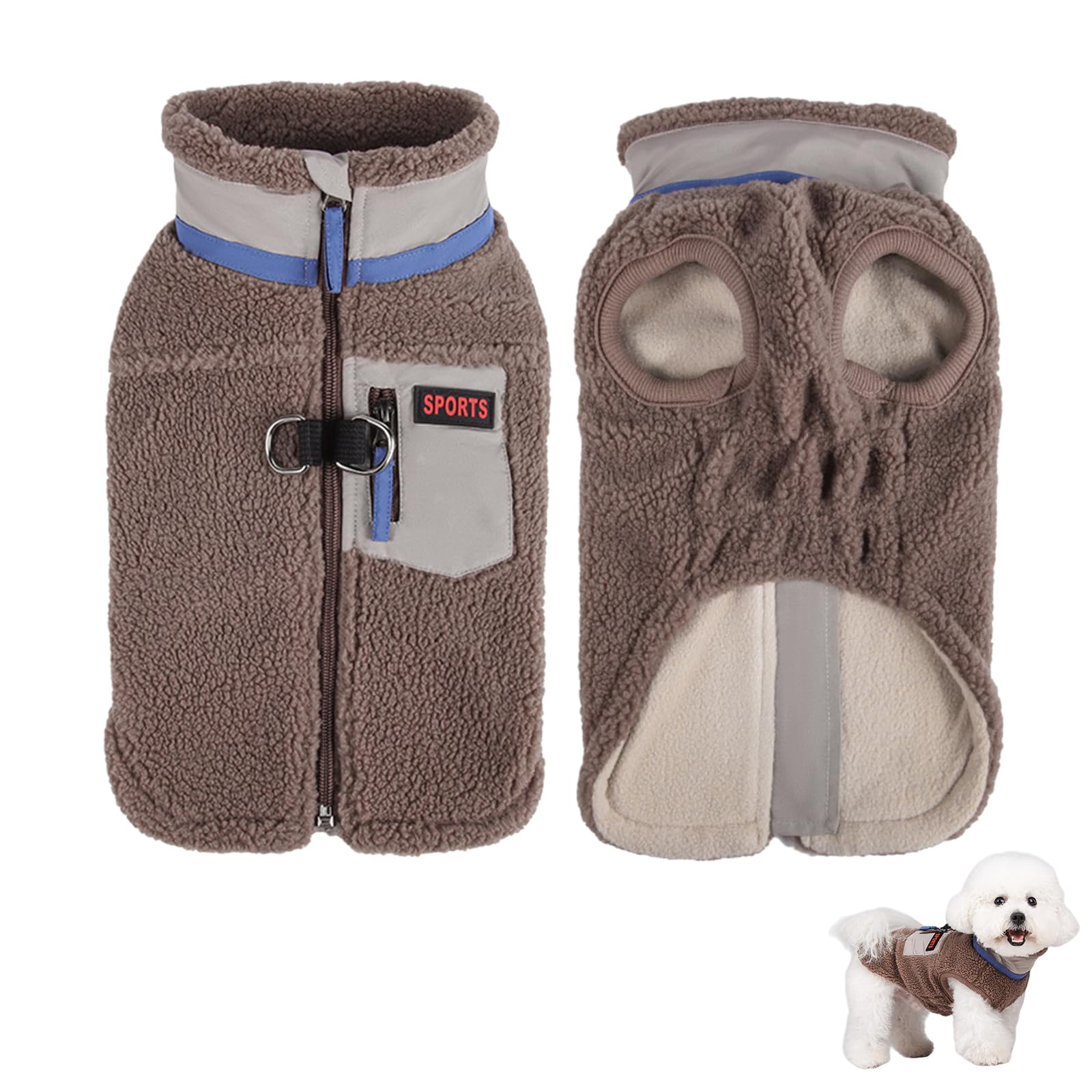 Duuclume Winter Dog Vest Sweater for Small & Medium Dogs,Thickened Double Fleece, Soft Stand-Collar Pet Coat with Zipper,D-Ring & Side Pocket. (Brown, L)