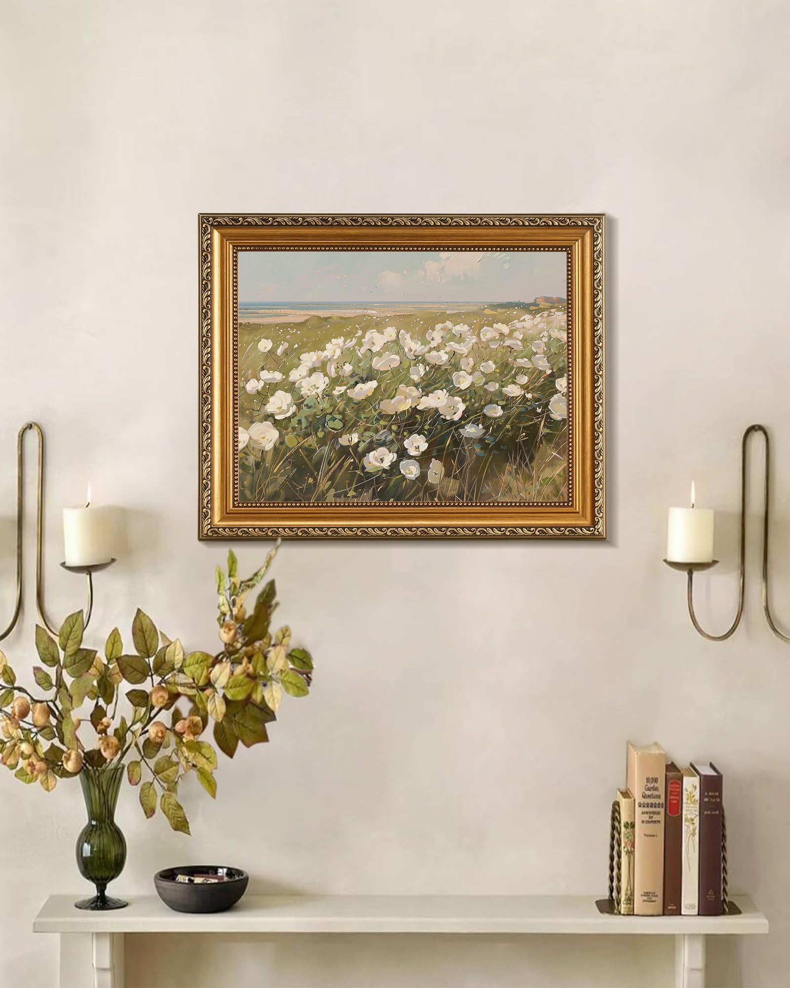 Wandkunst, Vintage-Stil, goldgerahmt, Bauernhaus, Wildblumenfeld-Landschaft, Leinwanddruck, Kunstwerk mit antikem abnehmbarem Rahmen, weißes Blumenfeld, Landschaftsbilder für Schlafzimmer, Küche