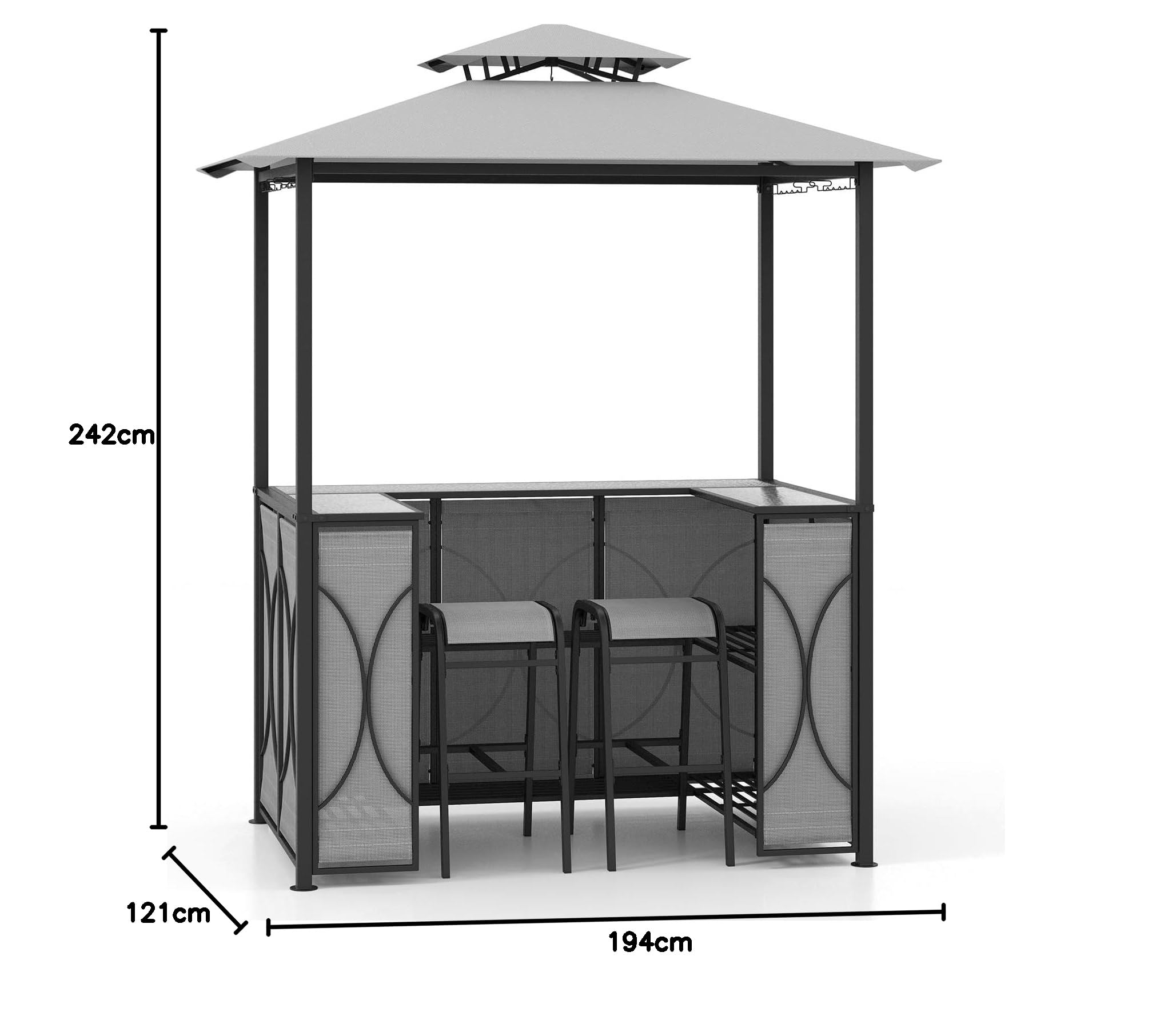 GOPLUS Cenador para barbacoa, doble techo con cristal templado, mesa de bar, 2 taburetes, soportes de cristal, 2 estantes, toldo para barbacoa, resistente a la intemperie, para exterior, jardín, patio