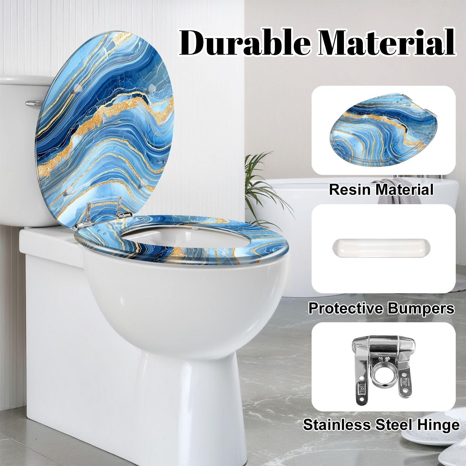 Asiento de inodoro alargado con tapa de cierre suave para baño.