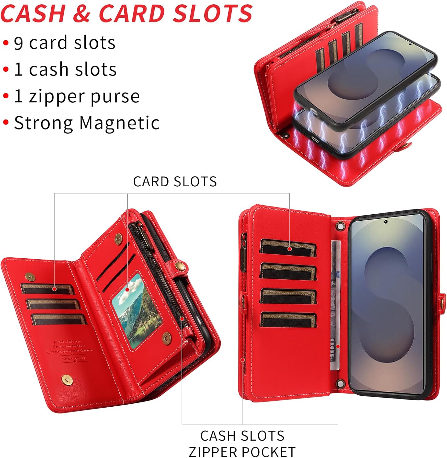 Asuwish Phone Case for Samsung Galaxy S25 Ultra 5G Zipper Wallet Detachable Cover with Screen Protector Crossbody Lanyard Strap Flip Card Holder Slot S25Ultra 25S S 25 25Ultra 6.9 2025 Red