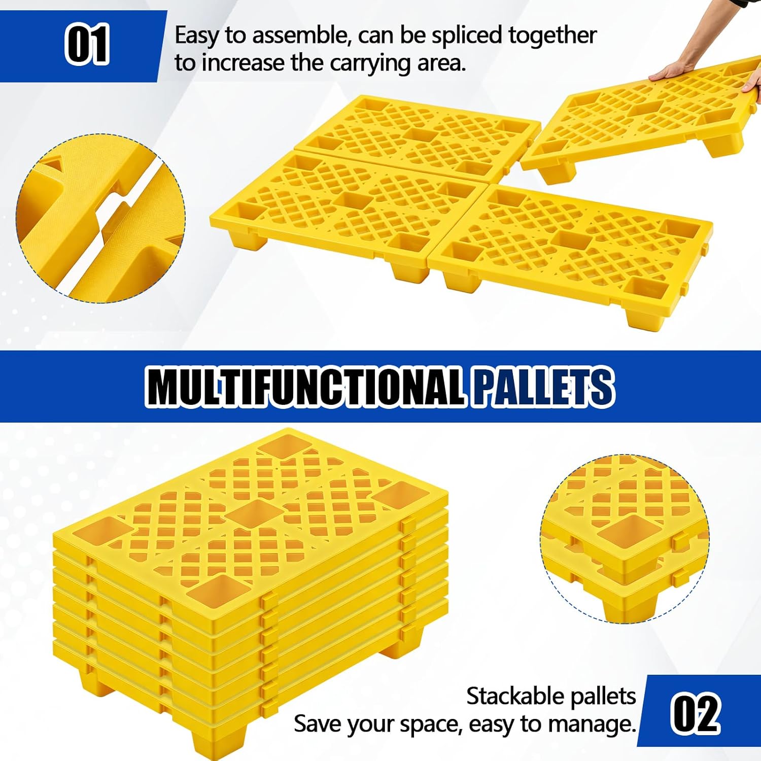 8 Pcs Plastic Pallets for Basement Storage Nestable Moisture Waterproof Lightweight Floor Pallets with Breathable Grid for Indoor Outdoor Supermarket Warehouse (23.6 x 15.8 x 3.9 Inch,Yellow)