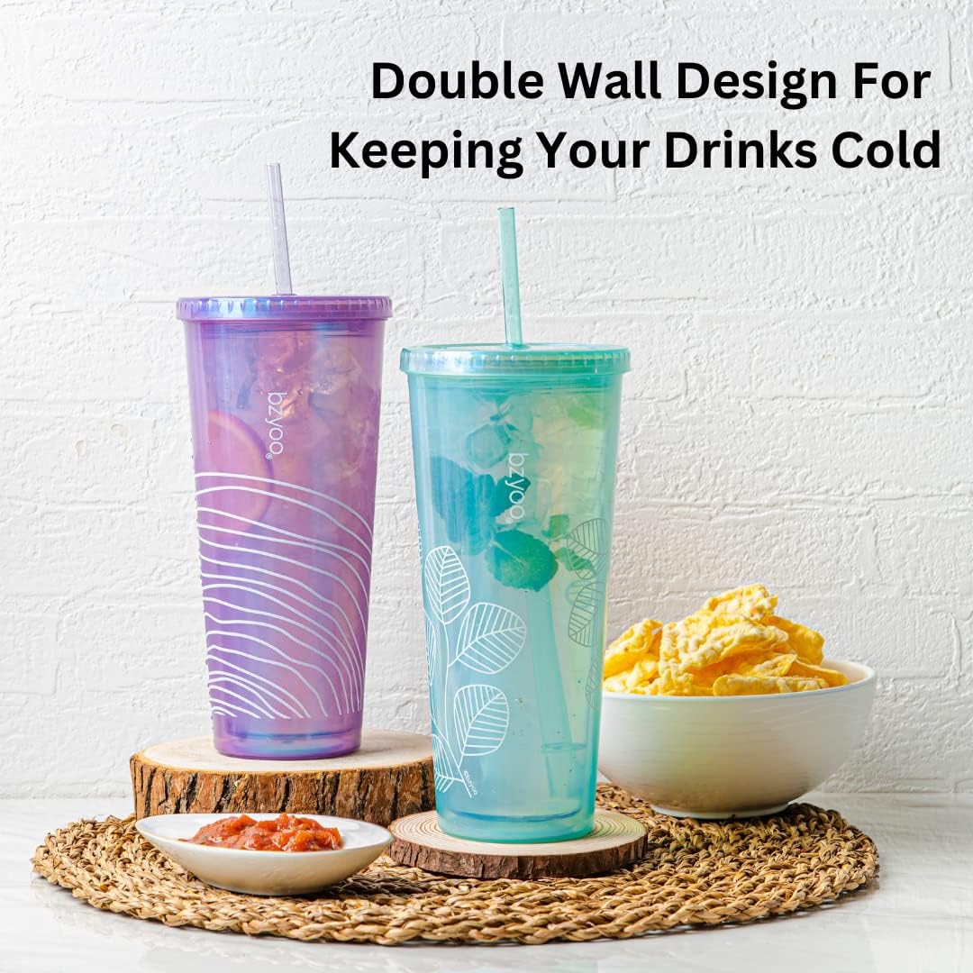 bzyoo SIP 24oz (710ml) Double Wall Plastic Tumbler with Lid and Straw Cold Drink Travel Mug Reusable Ice Coffee Tea Cup Perfect for Office Poolside Parties Gifts Color: Pearl Green - Image 5