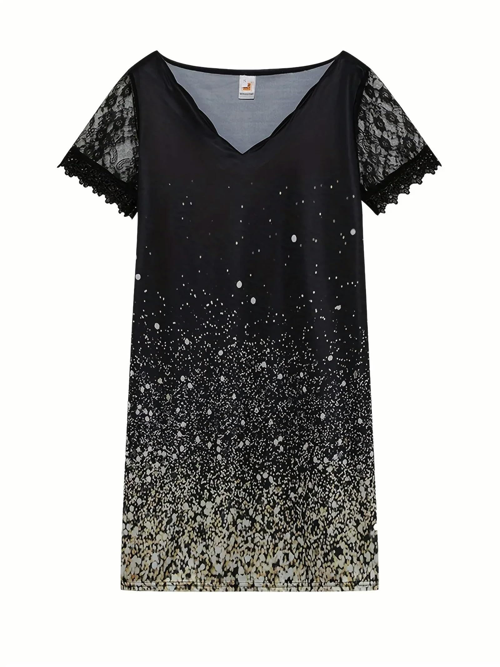 Robe col en V en dentelle pour femme avec imprimé vagues doré taille L