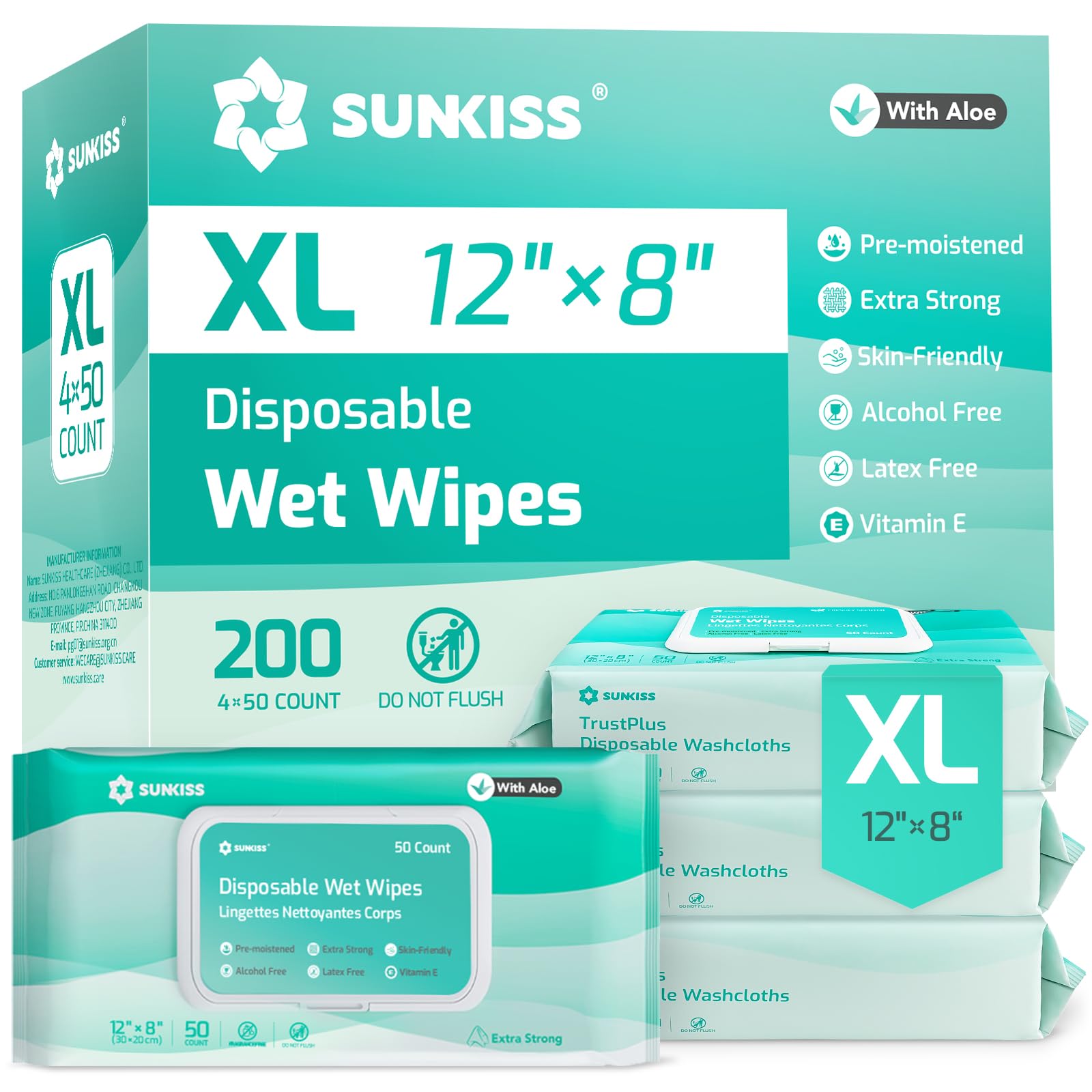 SUNKISS Trustplus Toallitas Húmedas para Adultos con Aloe, Toallitas 20 x 30 cm para Limpiar El cuerpo en Pacientes con Incontinencia Urinaria, 200 Unidades